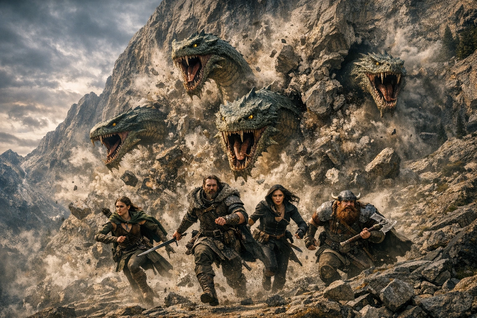 A party of adventurers running from a mountain cavern. Behind them the mountain side explodes in a shower of rocks and dust as a gigantic Hydra smashes its way out of the mountain. There should be multiple gargantuan serpent heads and necks forcing t