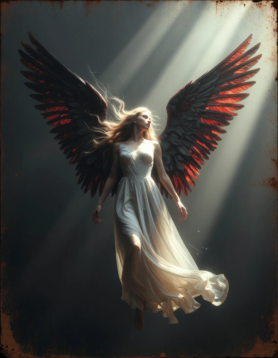 { "background": { "atmosphere": "ethereal and dreamlike", "color": "soft gray", "texture": "smooth with subtle variations" }, "color_palette": { "dominant_colors": [ "white", "black", "red", "gray" ], "tones": "soft with high contrast between wings a