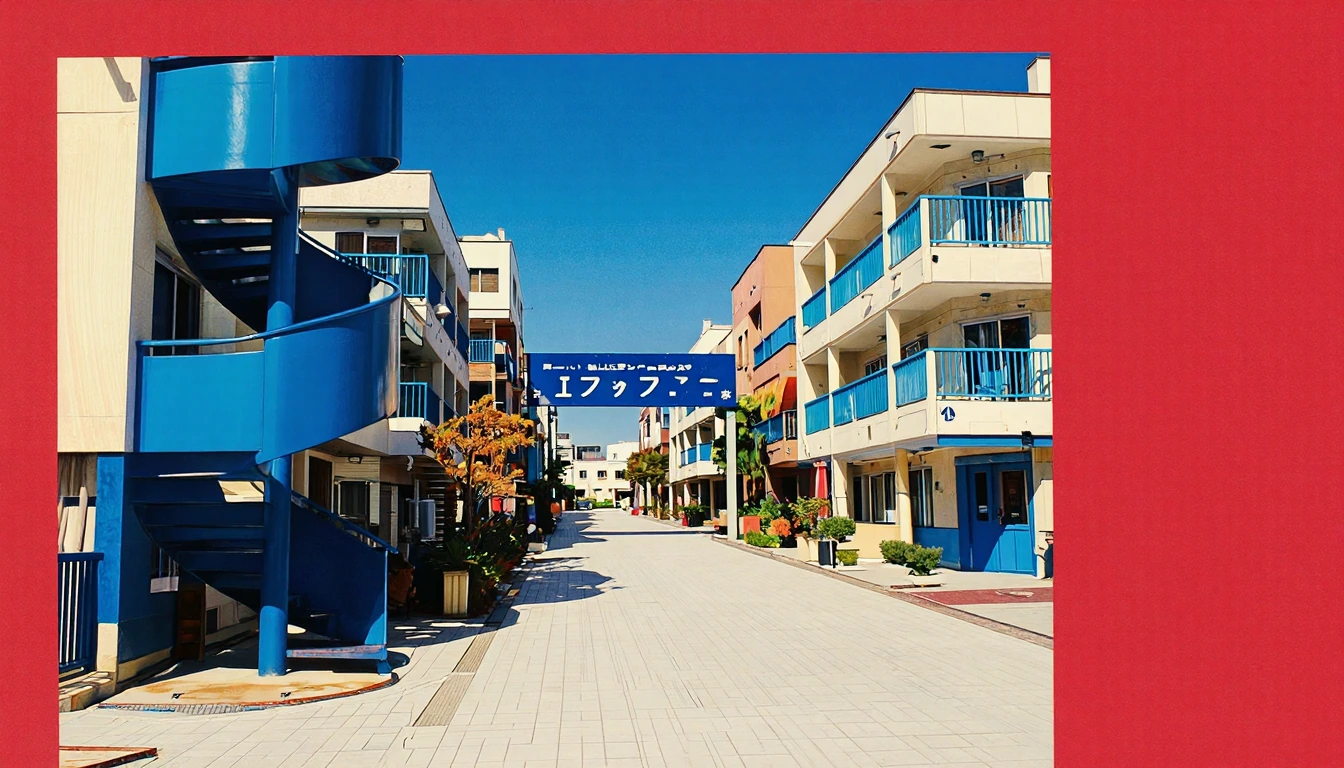 # A Vibrant Japanese Waterfront District A striking blue and white residential complex stretches down a sunlit pedestrian street. The distinctive spiral staircase on the left building dominates the composition with its bold cerulean curves. Cream-col