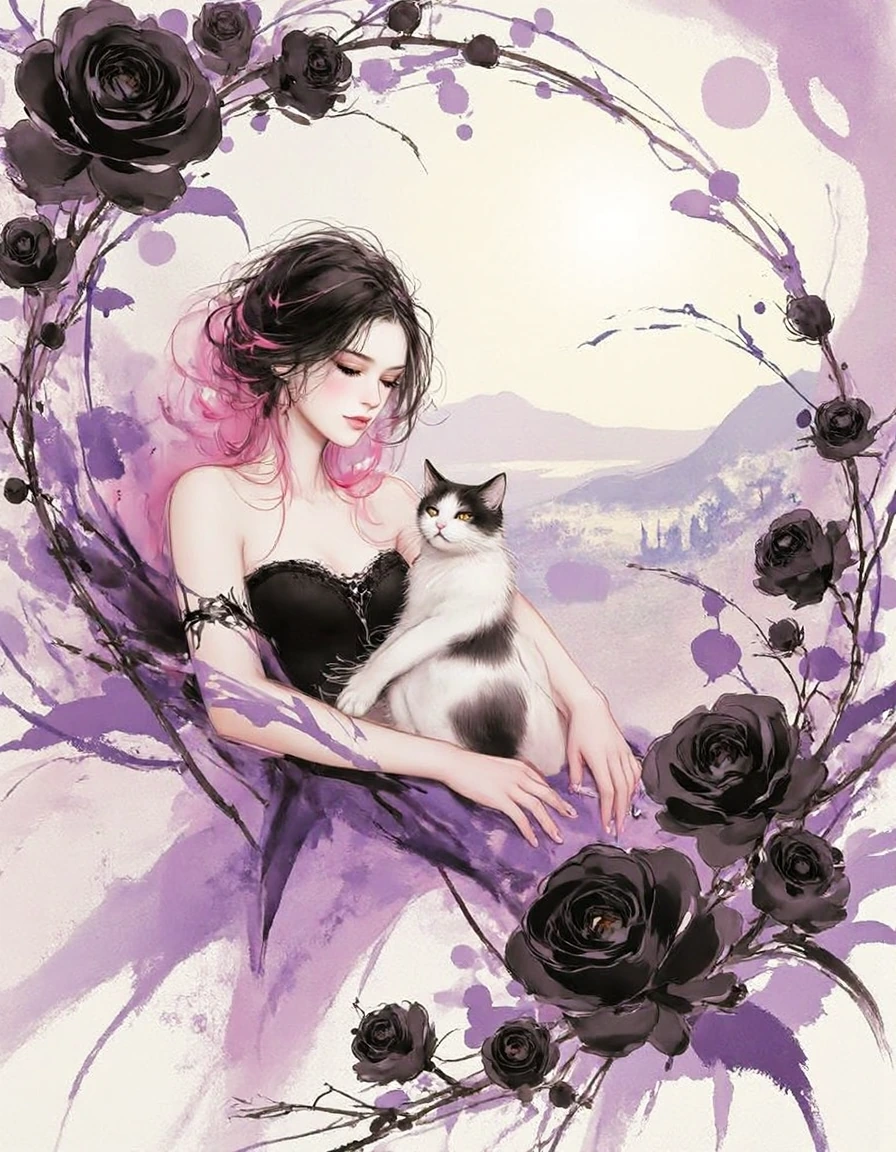 Beautiful starlet angel with black and pink ombre hair in BLACKPINK aesthetic, posing with a cat, surrounded by swirling artistic elements, luxurious art seat decor, under sunny bright skies, hot water steam effects, and black roses everywhere