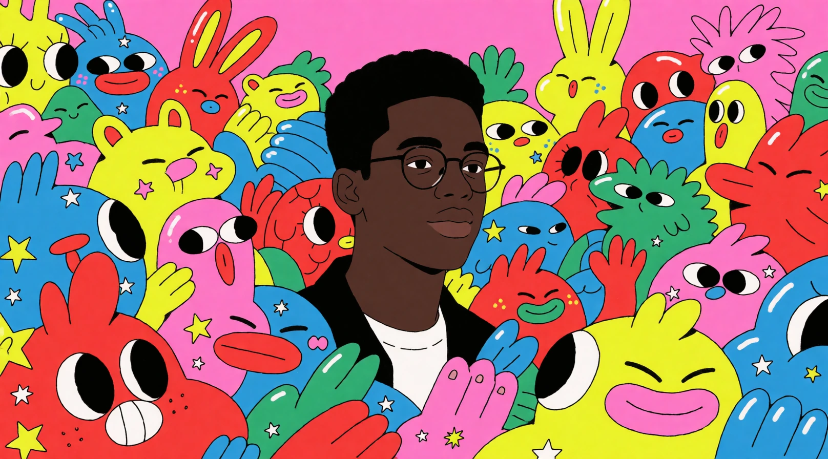 16:9 high-grade illustration, Mirrorize V4 pushed into raw avant-garde animation-cel territory, heavily influenced by bold flat graphic cartoon style with thick imperfect black outlines, hand-drawn energy, massive dense detail, feels like a high-end