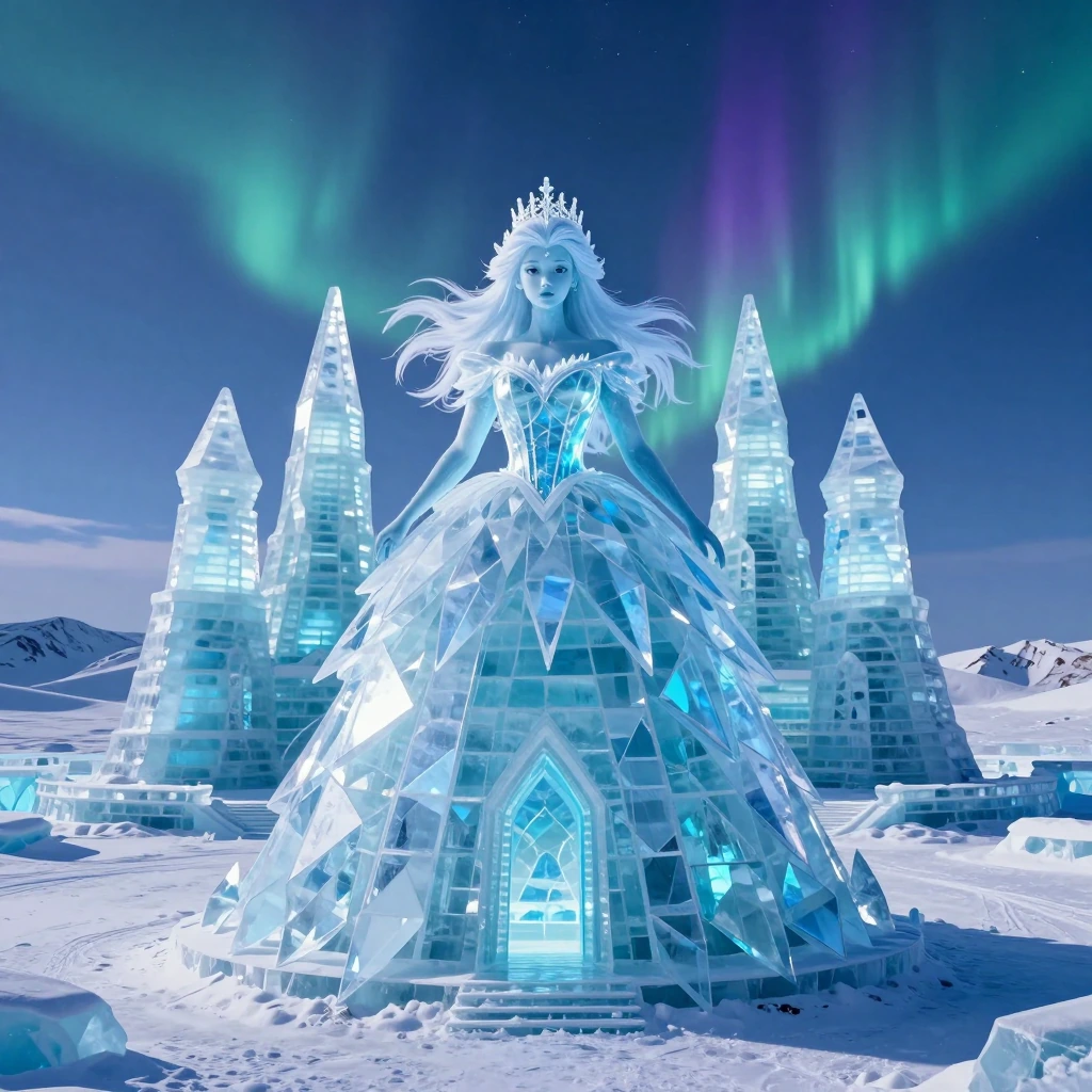 A 3D rendered ice palace in an arctic tundra: towering spires of translucent glacier-blue ice with sharp crystalline edges, interior chambers glowing with soft cyan light. Center-frame, an ice princess in a sculptural gown—the bodice a fitted corset 
