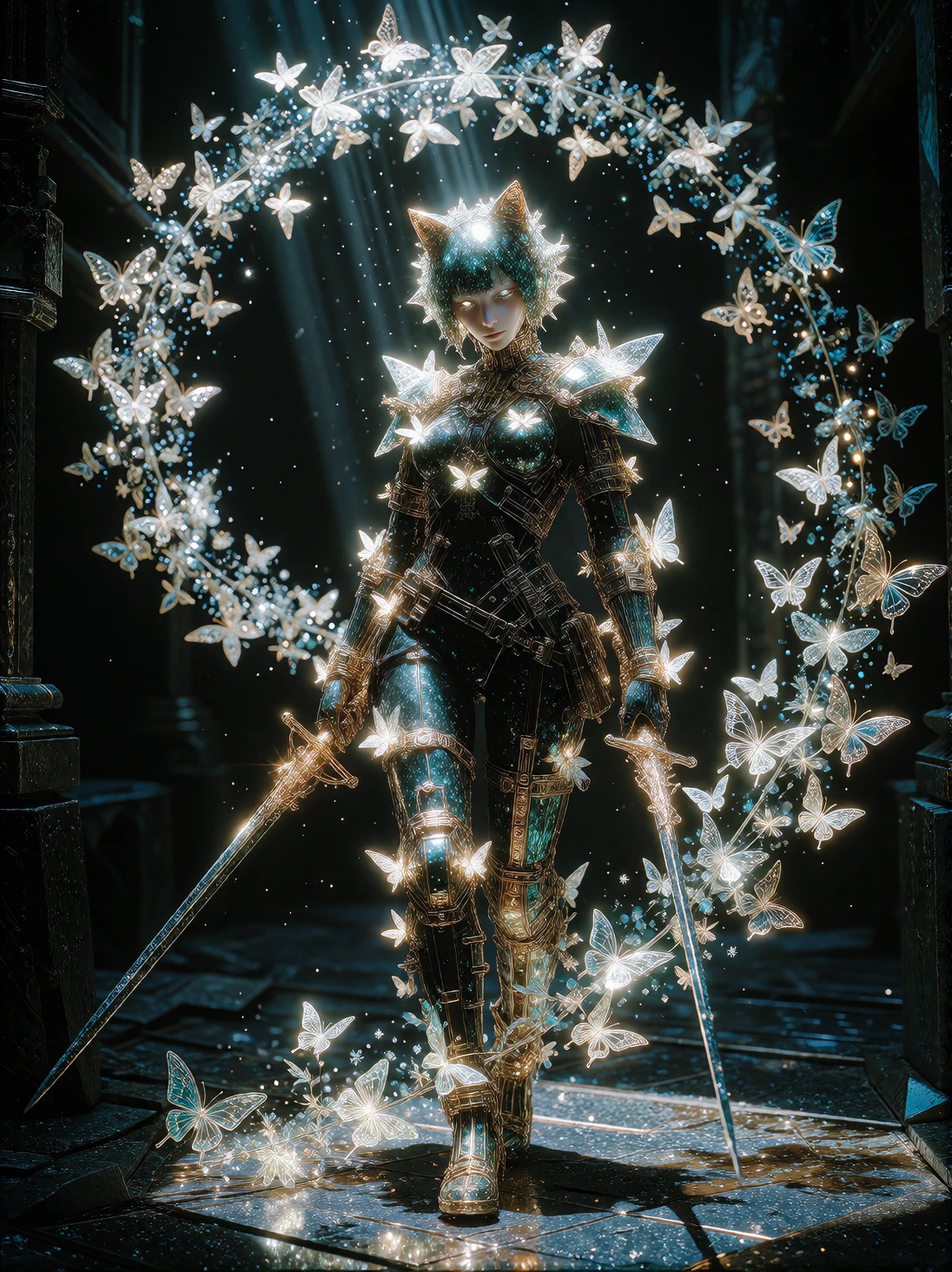 warrior woman (WITH A CAT) with luminescent crystalline skin glowing pale blue, dual long slender rapiers with elegant thin blades. crystalline butterflies spiral densely around her in constant motion, wings catching light like shattered glass, a pri