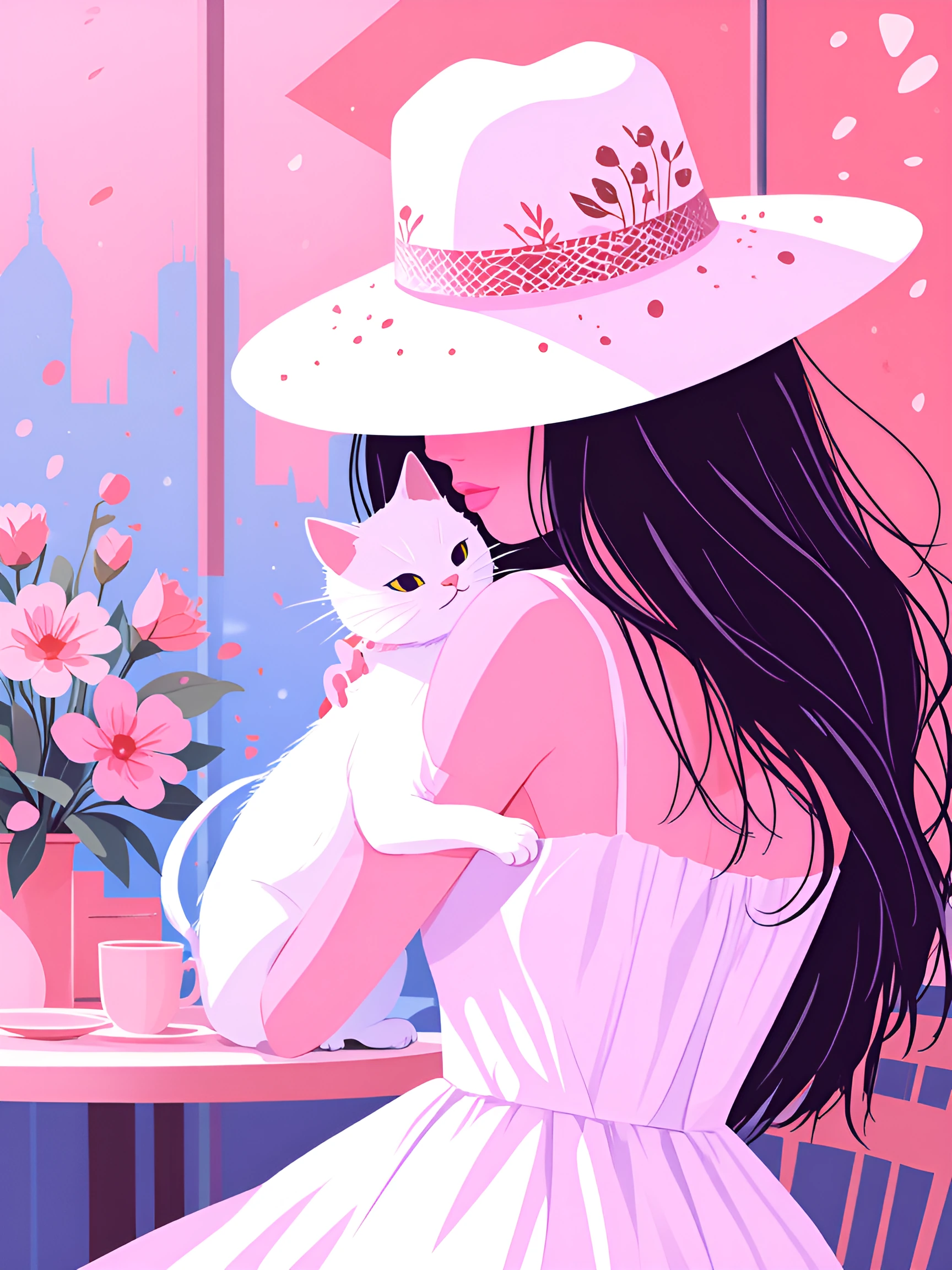 Flat illustration woman with a wide brimmed hat, with a white cat at a morning café in Paris. Colorful flowers, beautiful pastel colors. folk art inspired.