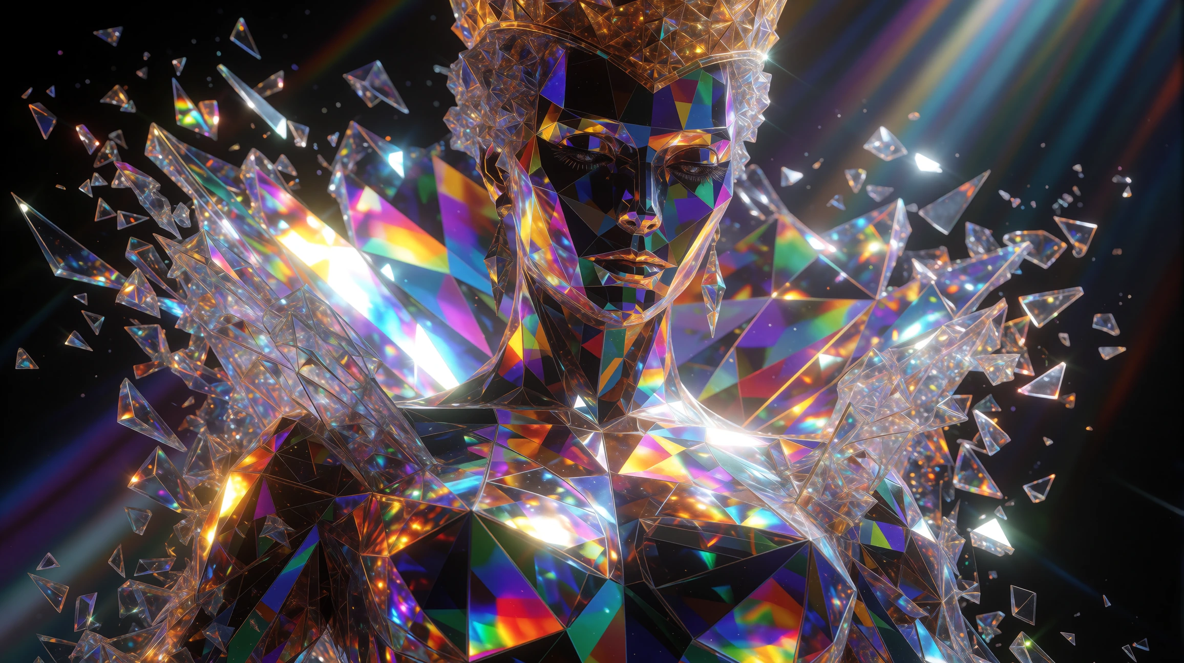 A towering corrupted queen figure fractured into geometric planes of iridescent light, her form constructed from overlapping triangular shards of translucent crystal in shifting rainbow hueseach facet catching and refracting light independently. Her 