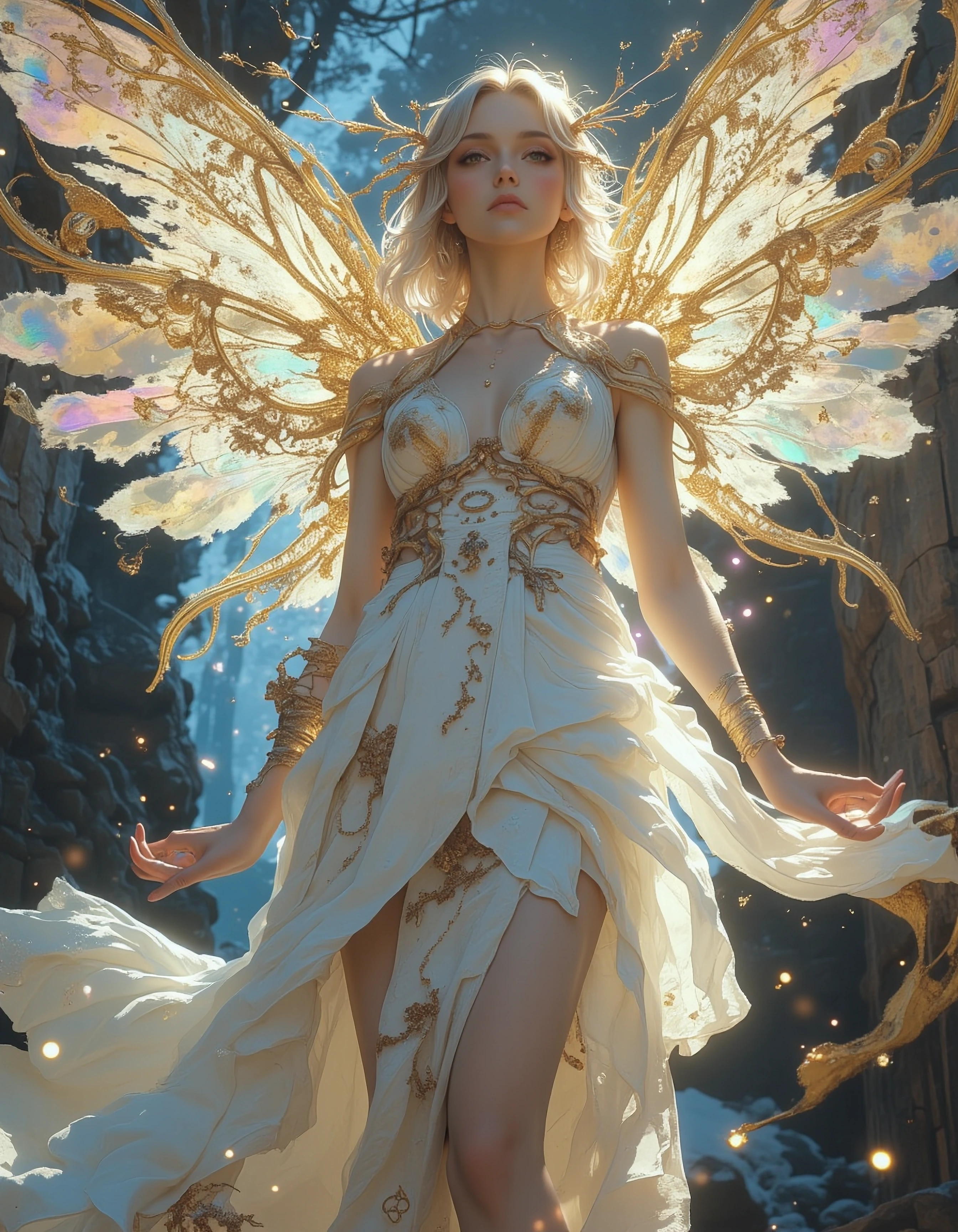{ "visualElements": { "background": { "elements": { "atmosphere": "dreamy and mystical", "colors": [ "gold", "blue", "purple", "white" ], "textures": 