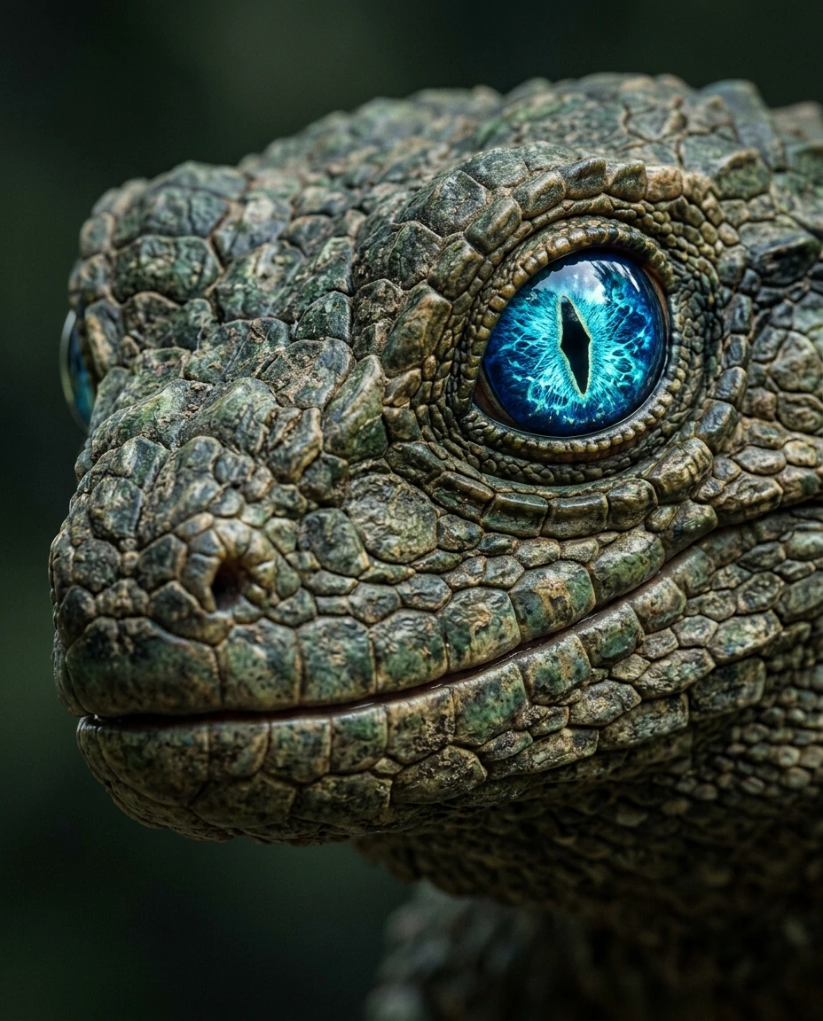 Ultra-realistic digital close-up portrait of a reptilian creature. The creature’s head is broad and rounded, with a subtle, slightly smiling expressio