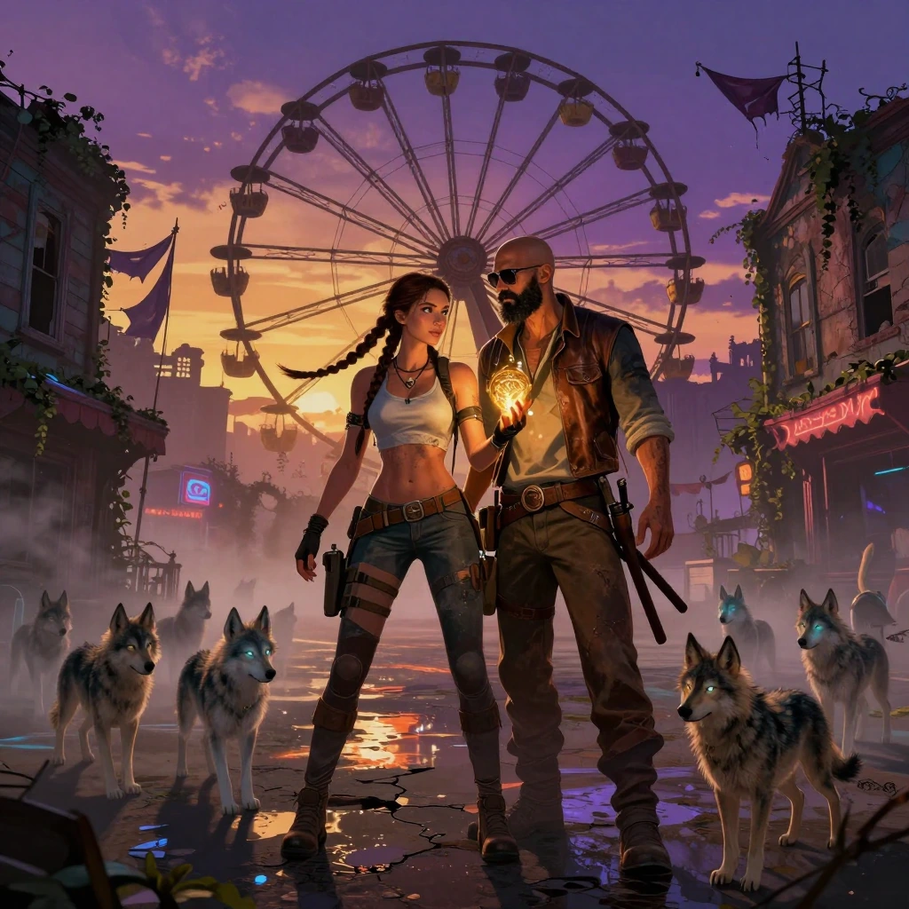 A hauntingly beautiful abandoned town at dusk, washed in faded amber and bruised violet skies, where a rusted Ferris wheel creaks slowly against the h