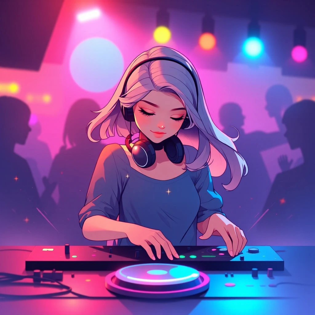 cute illustrated girl dancing slightly behind a DJ controller, soft smooth movements, relaxed vibe, headphones around neck, neon ambient lighting, cozy club atmosphere, digital art, clean lines, pastel and neon color palette, subtle motion blur, aest