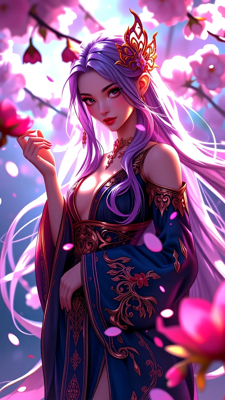 Masterpiece, best quality, elegant sensual fantasy anime woman with long purple-tinted hair, soft glowing eyes, standing gracefully under cherry blossoms with magical energy, alluring flowing mage robes with gold details, pink petals and soft god ray