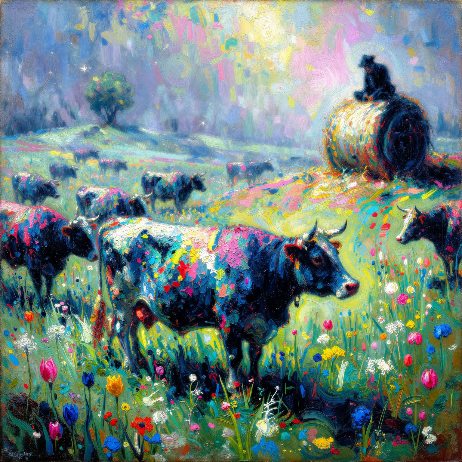 A richly textured oil painting in the Expressionist style, capturing a lively and colourful scene depicting a small herd of cows in the rolling countr