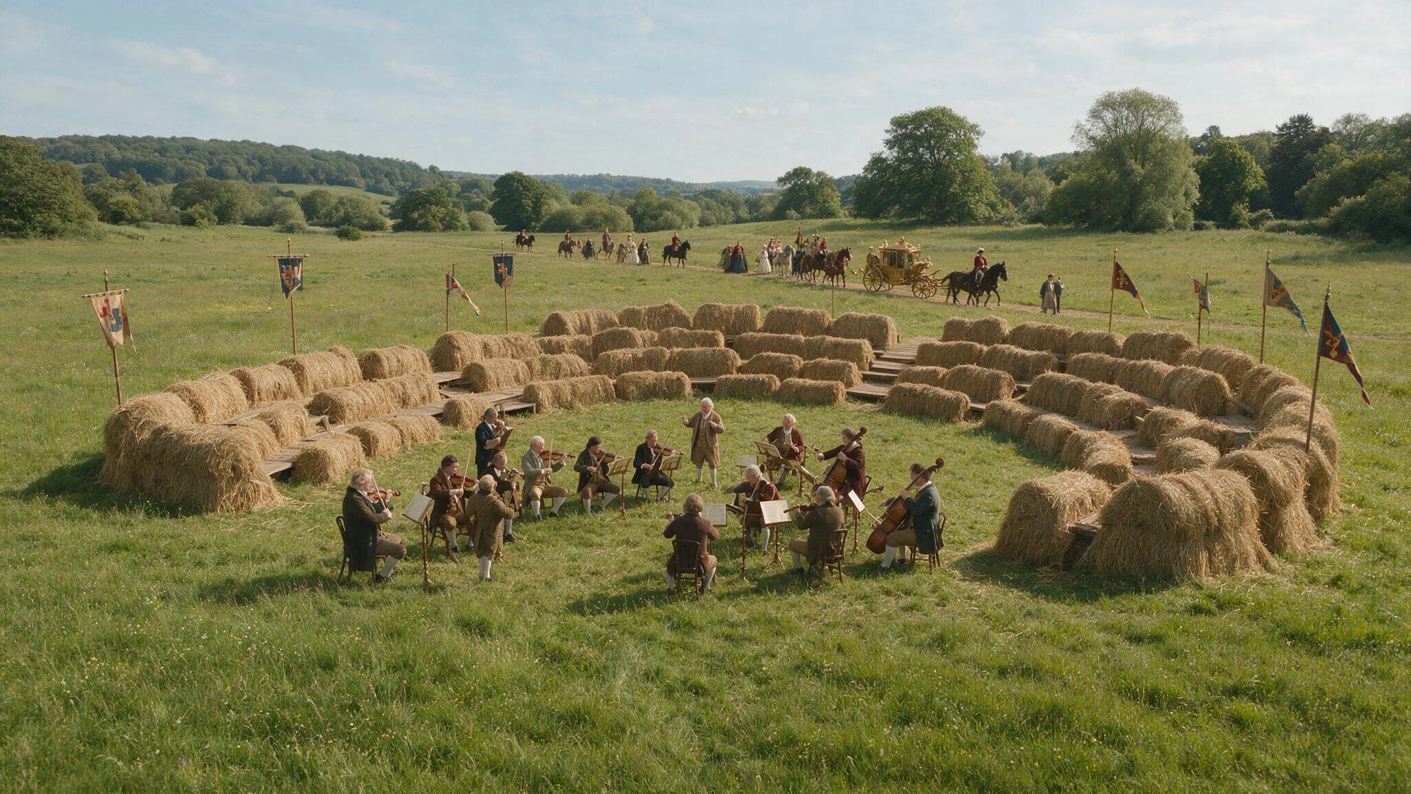 the orchestra tuning in an empty field; The year is 1810, the musicians are dressed for the time period. An amphitheatre formed from old fashioned haystacks awaits a royal audience while the King's Orchestra tunes their instruments in readiness for t