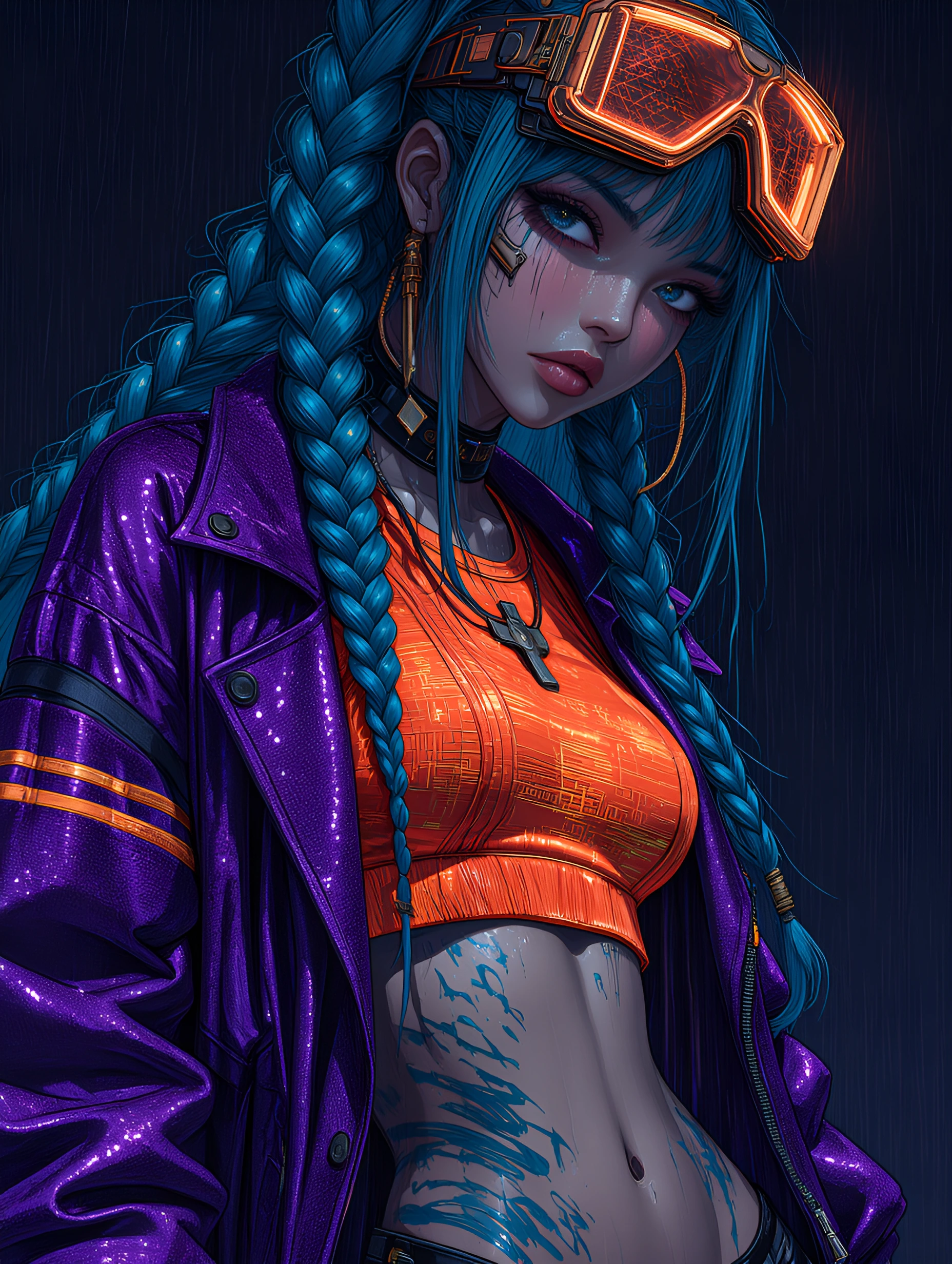 # Cyberpunk Vision A striking digital character embodies futuristic rebellion with striking blue eyes and porcelain skin. Teal braids adorned with bro