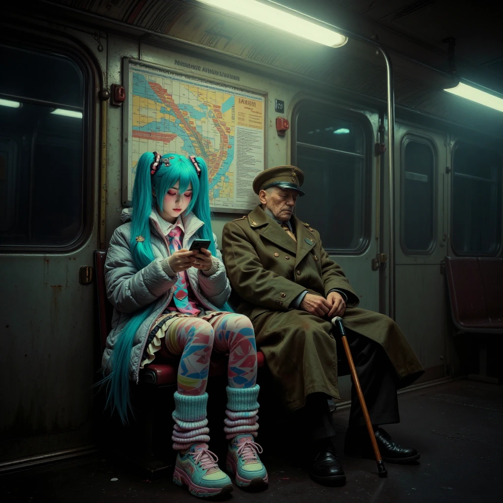 surreal urban moment inside a dimly lit Eastern European subway train, young woman with vibrant turquoise twin-tail wig styled like an anime character, wearing layered winter clothes â puffy jacket, patterned tights, leg warmers and pastel sneakers