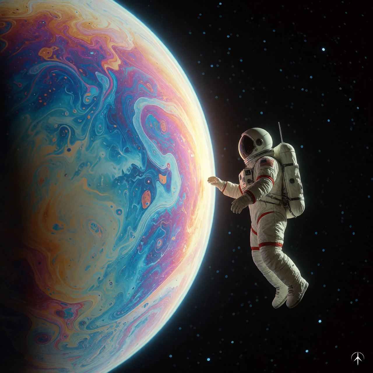 cinematic photo An astronaut in a white spacesuit with red trim floats serenely near the edge of a massive, iridescent planet that resembles a swirling soap bubble—its surface painted with vibrant blues, pinks, purples, and golds as though liquid pig
