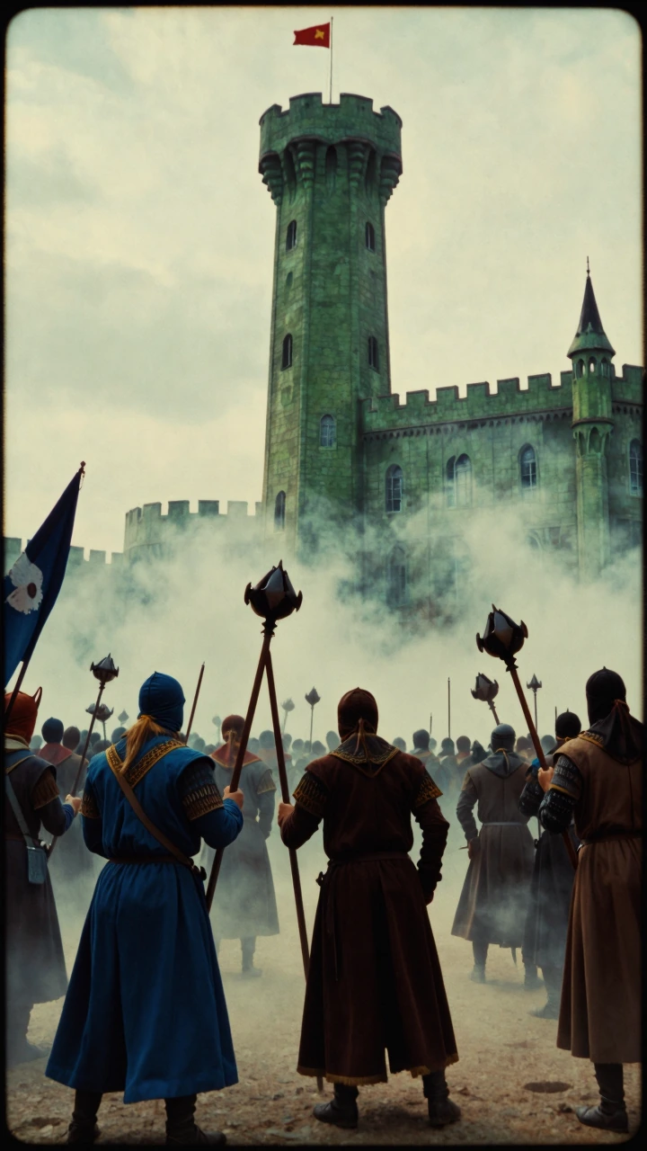 analog film photo of medieval fantasy sci-fi battle scene featuring knights of the order of the green tower <lora:microworlds:1> microworldlora, mircoworldlora, faded film, desaturated, 35mm photo, grainy, vignette, vintage, Kodachrome, Lomography, s