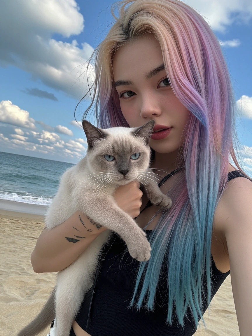Crazy girlfriend pastel hair,taking a selfie with her cat while she takes a walk at the beach