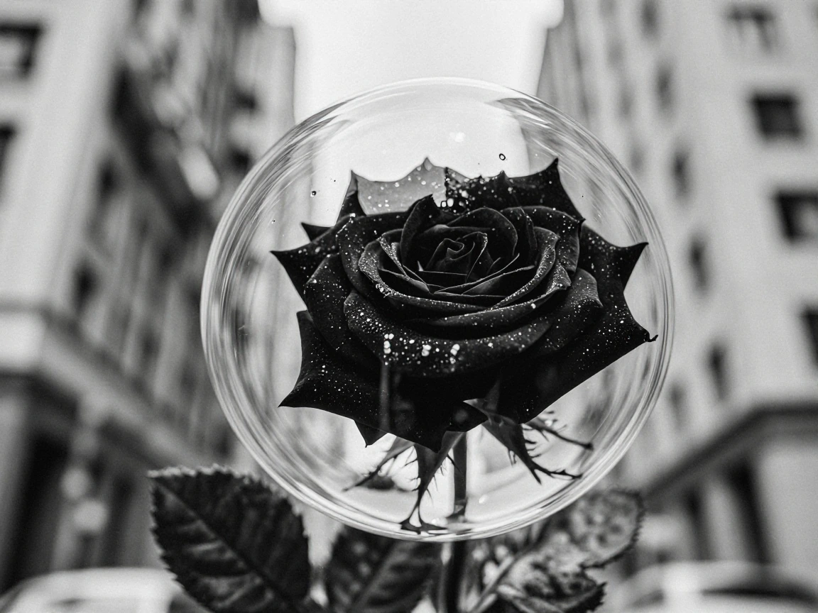 A black rose in a bubble, babylonistic background