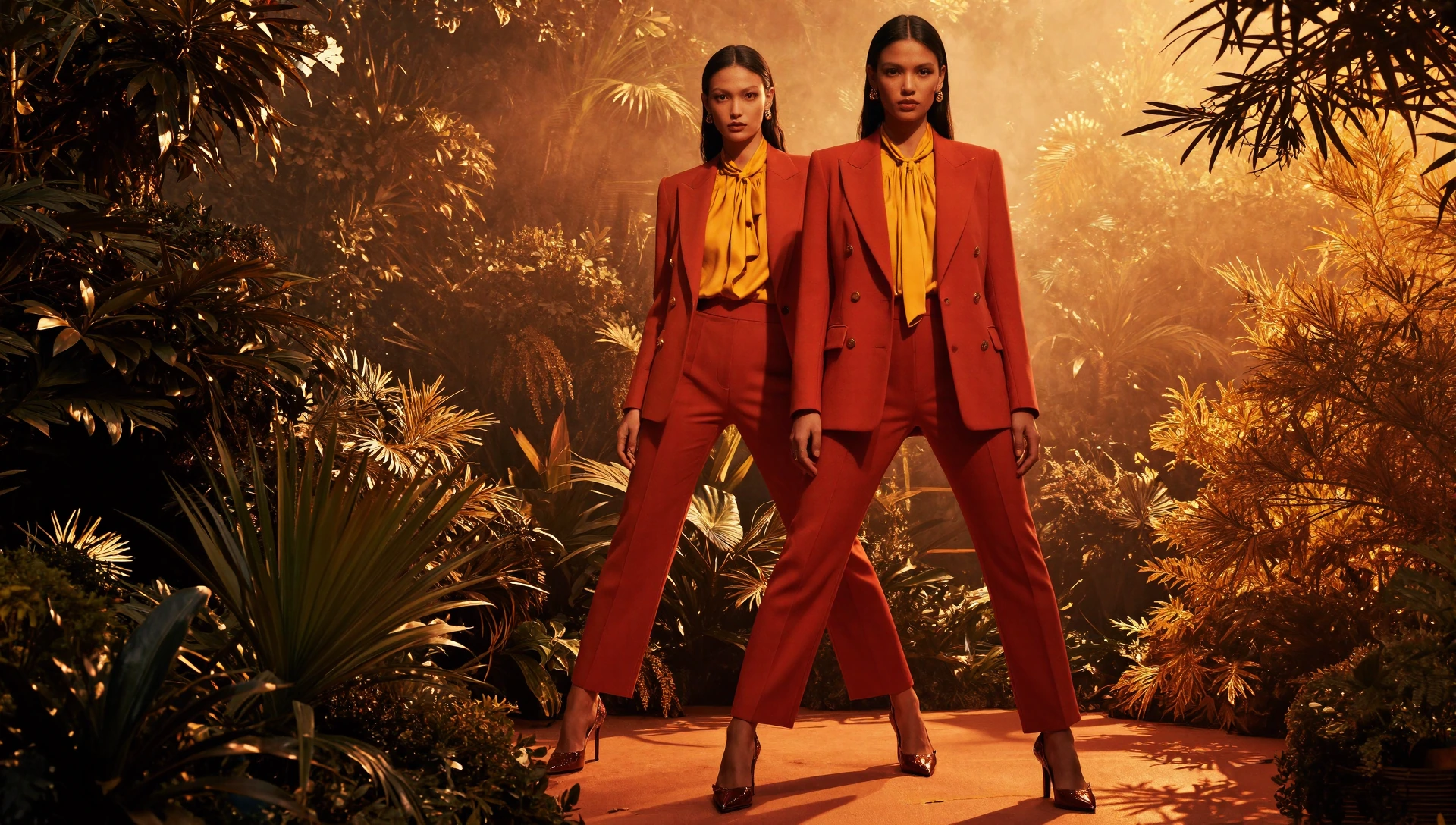 High-fashion editorial photography, full-length dynamic pose, two stunning women, Black and Japanese models, striking contemporary beauty, flawless lu