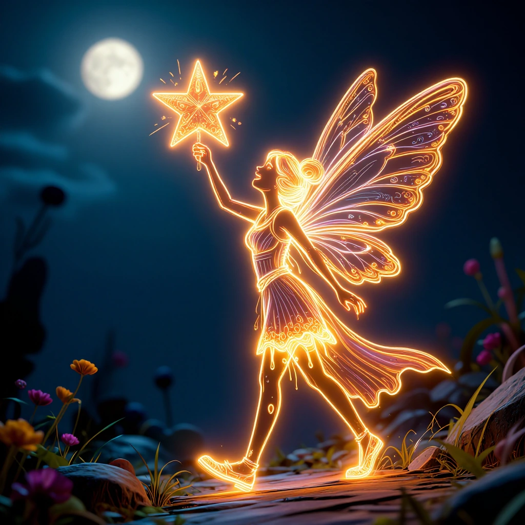 A realistic blurred photo of a paradis night sky with bright Moon light and blue sky. In the foreground, a glowing neon line art of a fairy woman with