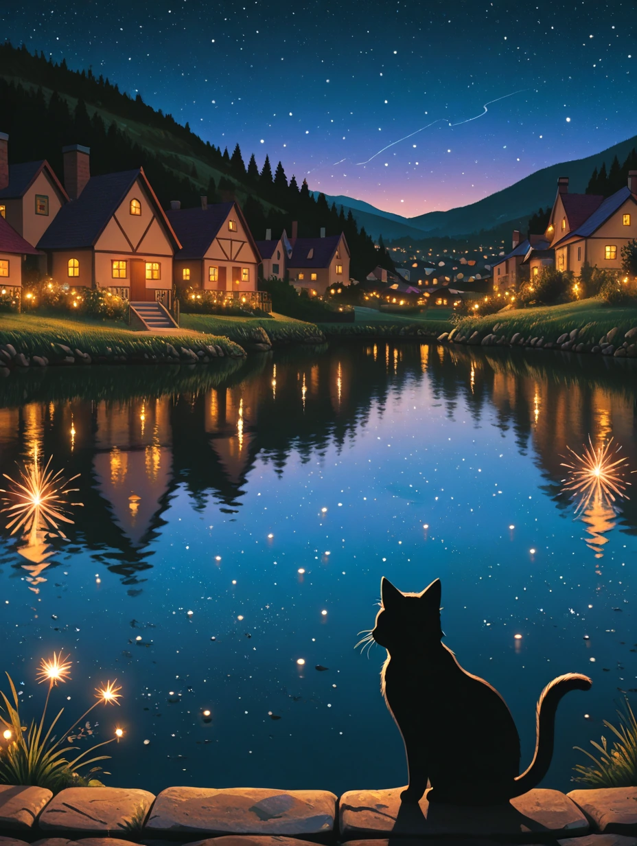 pastel folk art, woman and her cat silhouette, at a lake, nighttime, lake lights, town, stars