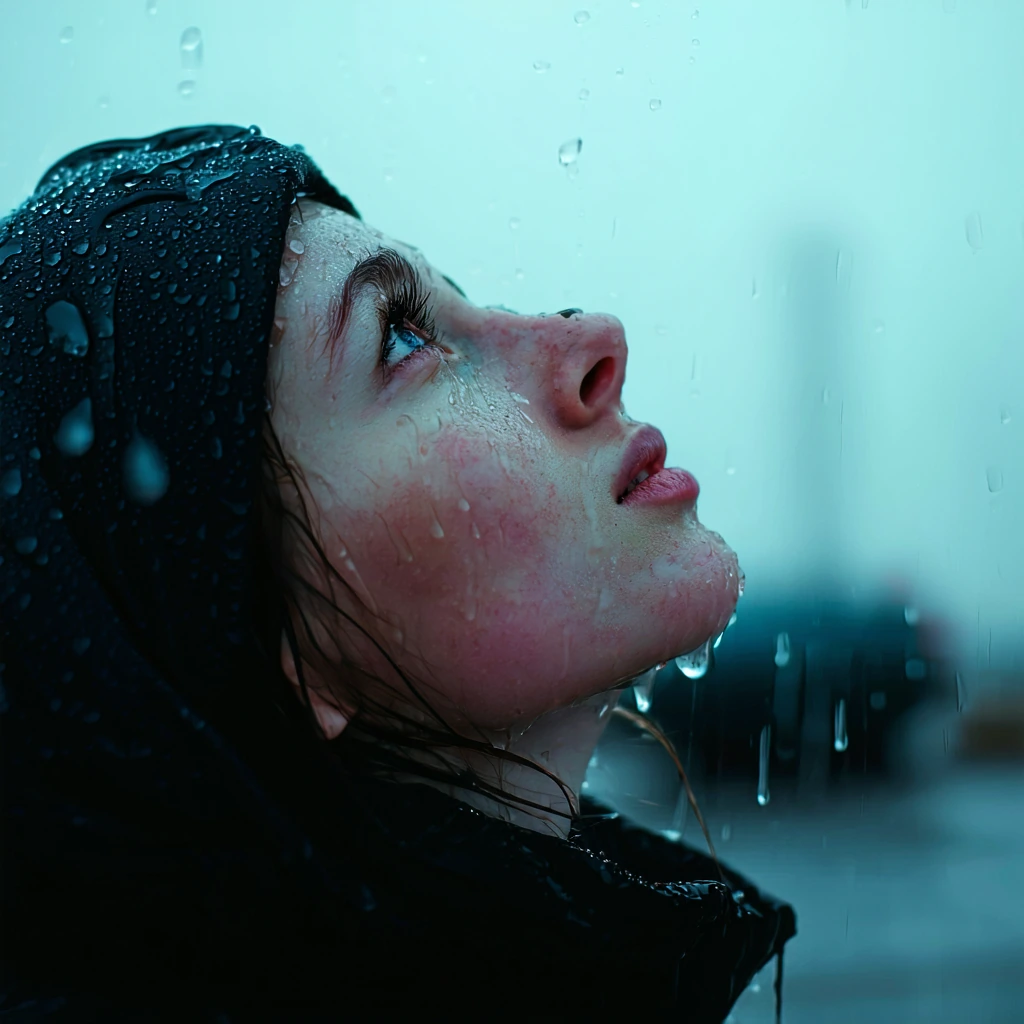 cinematic close-up of person looking up at rain, emotion in eyes, film grain