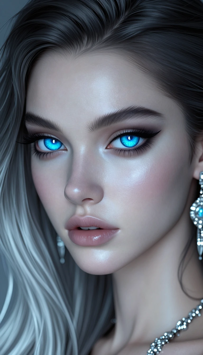 Close-up portrait of a beautiful supermodel from another dimension with striking, otherworldly eyes. Her irises are electric blue with a deep sapphire outer ring transitioning into bright icy cyan near the center, featuring intricate crystalline radi