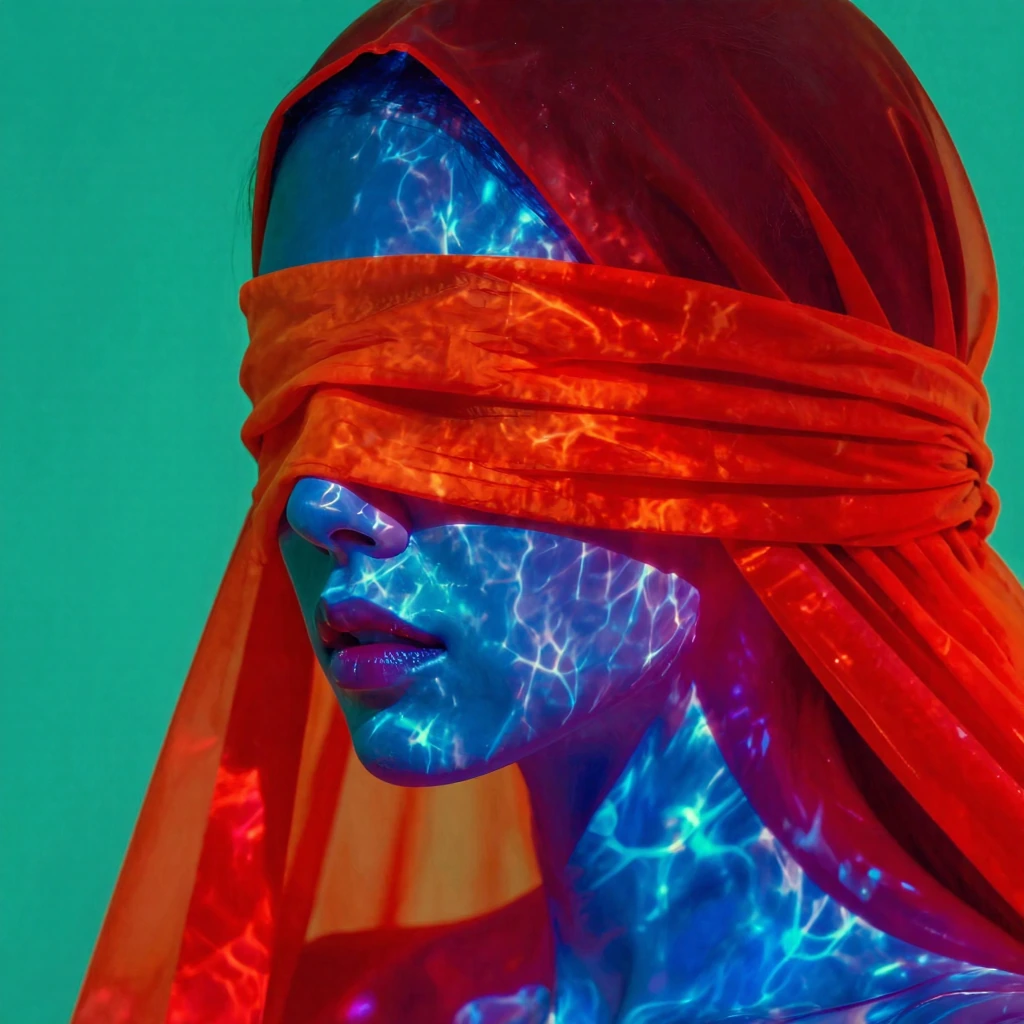 this is a digital artwork featuring a close-up of a person's head and neck, rendered in a vibrant, surreal style, the subject, with a smooth, androgynous face, is wrapped in a translucent, red-orange cloth that drapes over their eyes, creating a blin