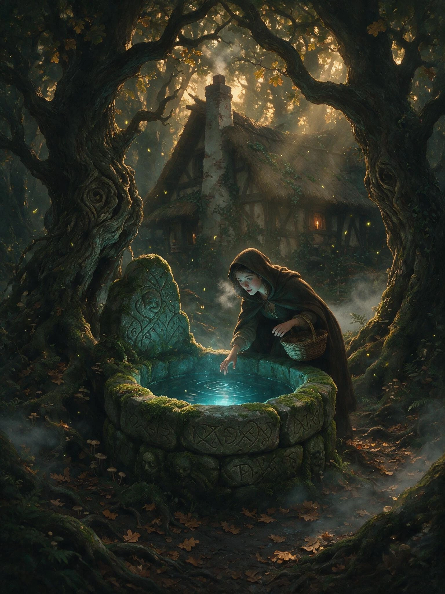 Depict a forgotten Brothers Grimm fairy tale scene deep in an ancient German forest at dusk: a young cloak-wearing woman with a woven willow basket discovers a moss-covered stone well glowing faintly with blue witch-light, its rim carved with cryptic
