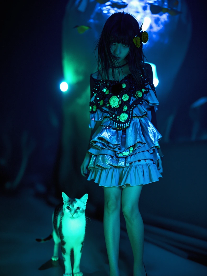 Woman in a frilly minidress and flowers . Cat nearby, All neon