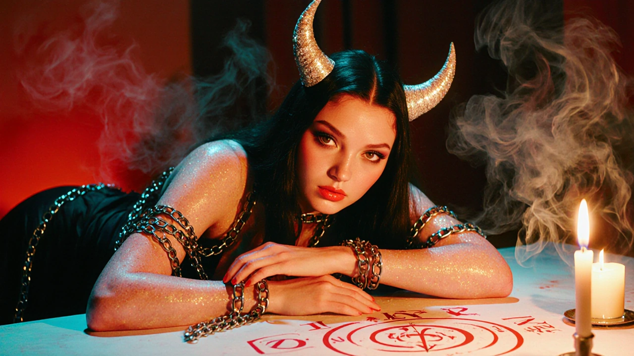 A succubus with chains, loosely wrapped around her arms, leans forward seductively, its horns sparkle under candlelight. Smoke and sigils float in the air. Visualized in digital fantasy realism, skin glitter, surrounding red glow. 8 k, and supernatur