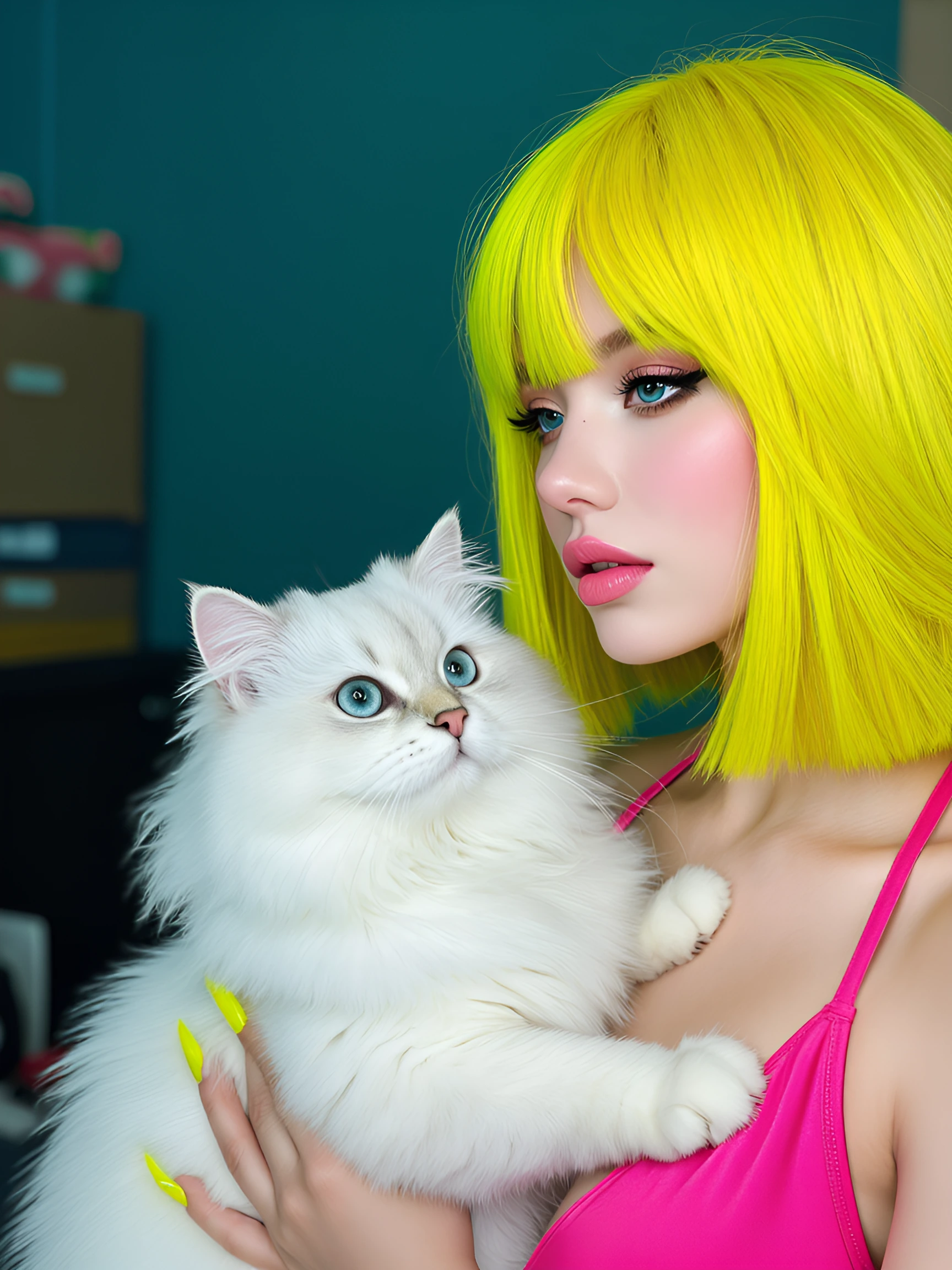 Woman bright yellow bob hair, bright yellow fingernail polish, pink halter top, with a fluffy white cat