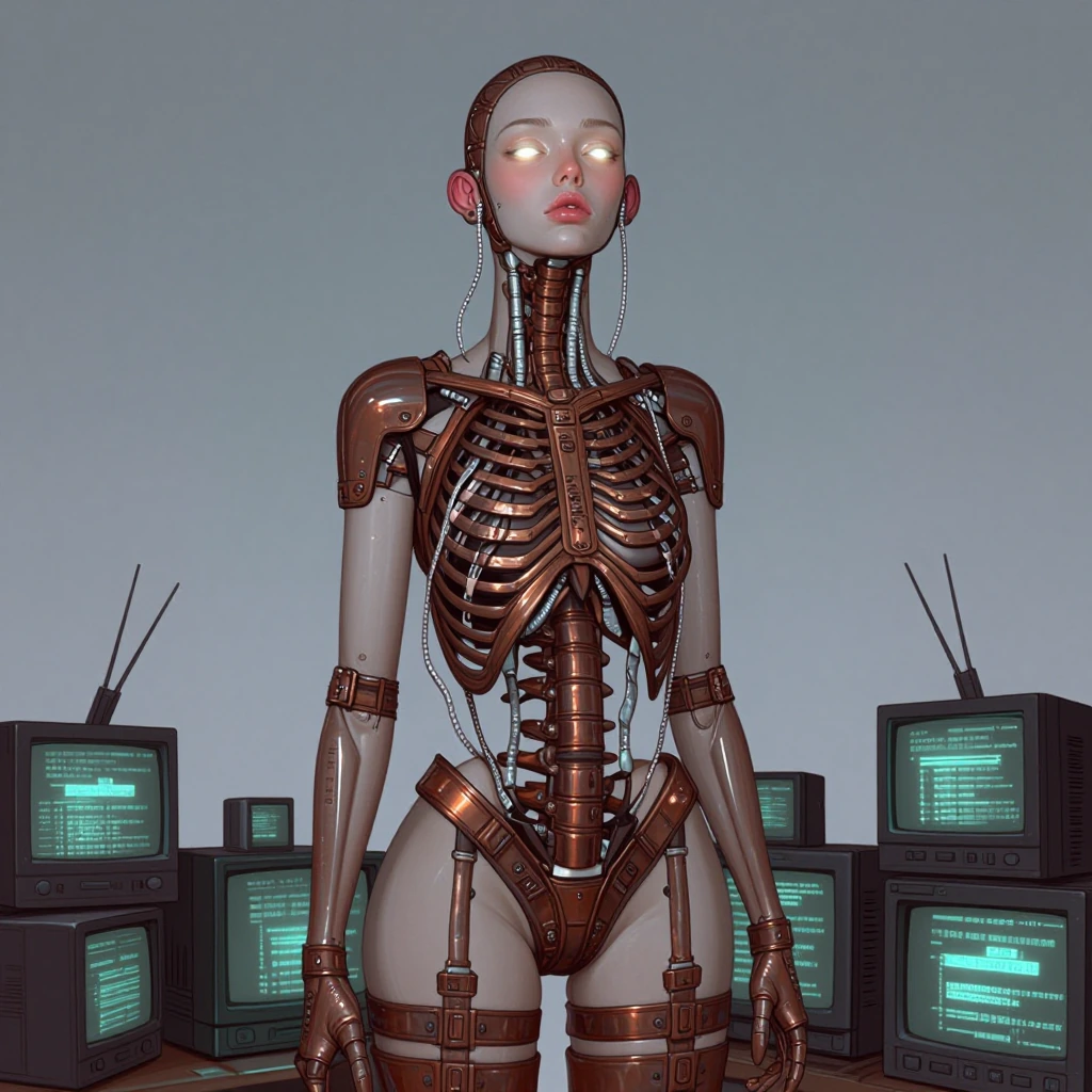 Dreamlike human female cyborg with gently rusted copper ribcage visible through an open couture harness, eyes lit with CRT glow, spinal cord braided w