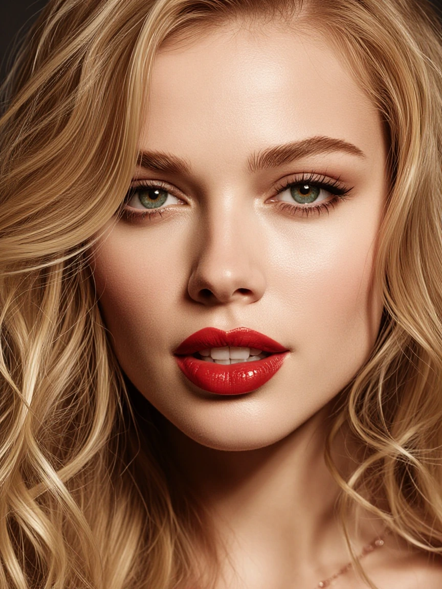 Extreme Closeup of A stunningly beautiful young woman with sensual green eyes full crimson lips in a sensuous pout and lustrous wavy champagne blonde hair. She wears a sultry smile.