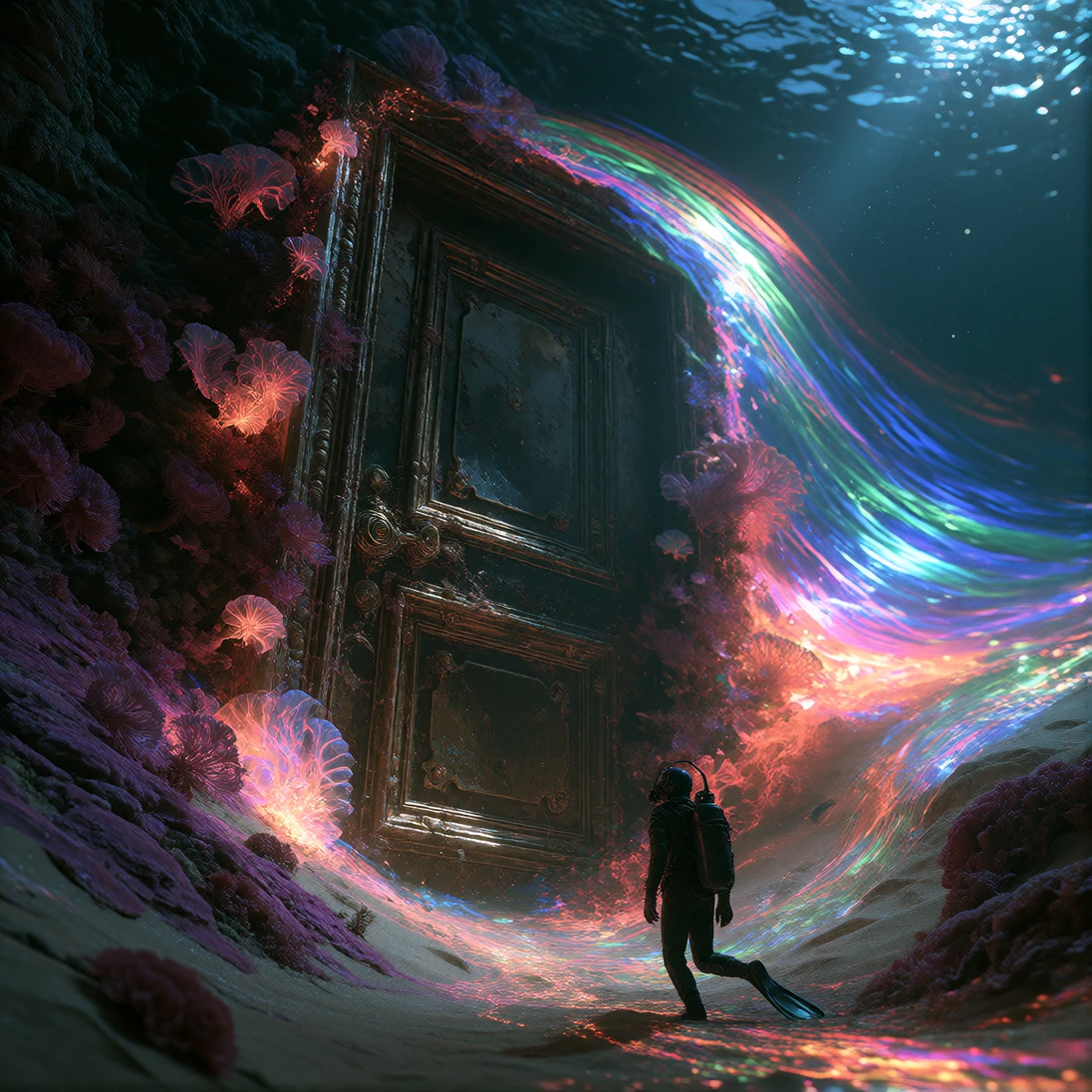 A solitary diver discovers an ornate door on the ocean floor, its weathered frame bleeding iridescent purples and deep magentas into surrounding sand. Bioluminescent organisms cling to its edges, casting sickly green and electric blue halos. Chromati
