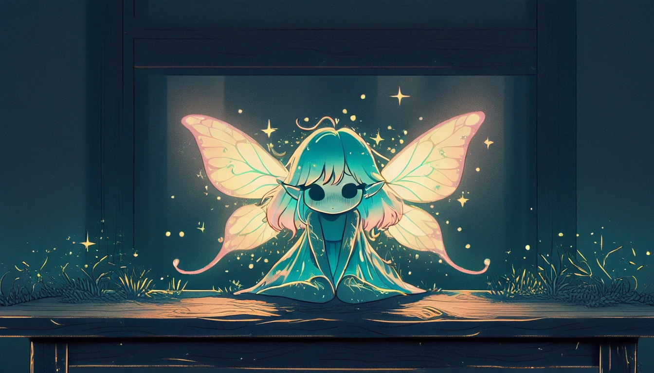 A dazzling, ethereal fairy woman with shimmering, iridescent wings sits gracefully on an ornate wooden table Her delicate features are framed by flowing, luminescent hair that sparkles with hints of gold and silver She has a shy demeanor, her large,
