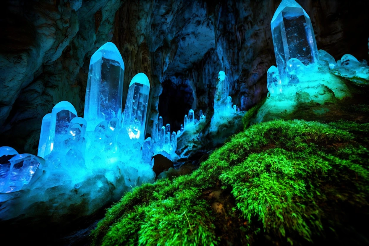 crystalline cave, bioluminescent moss