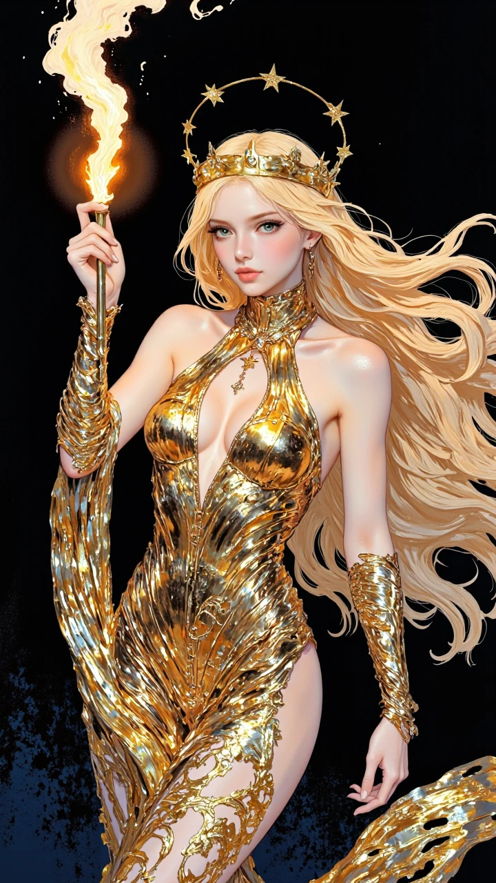 a highly detailed digital illustration in a vibrant, fantasy style, it features a young woman with long, flowing blonde hair, which cascades down her 