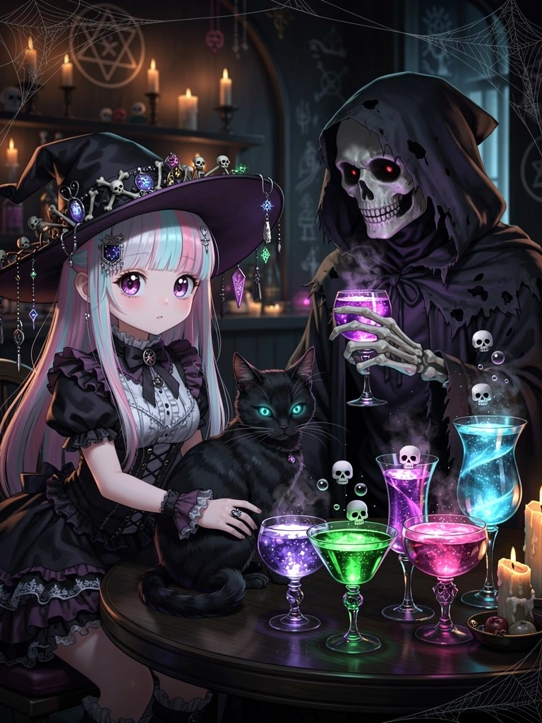 cute witch with the grim reaper, cat, fancy, colorful drinks, darkcore
