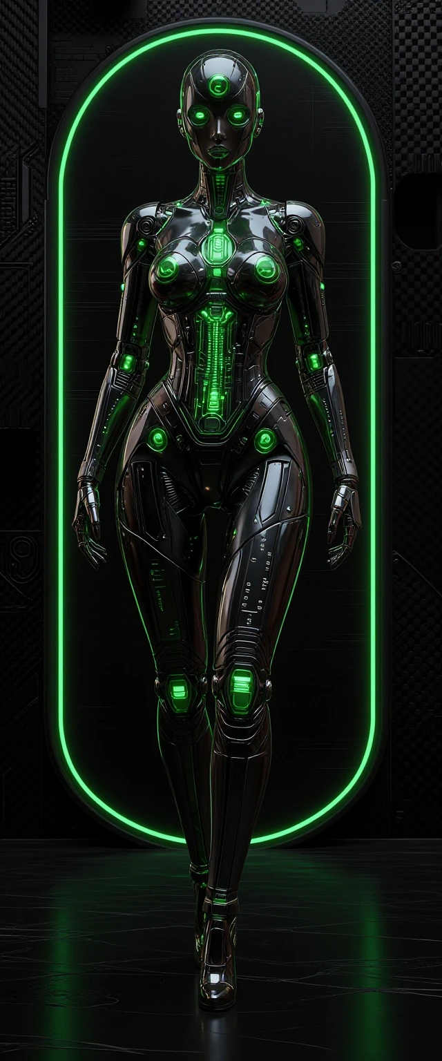 ​A single, solitary high-end female cyborg in a vertical 9:21 aspect ratio composition, captured in an awe-inspiring full-body wide shot, visible from head to toe. The image is rendered with microscopic, hyper-focused detail, ensuring she is the sole