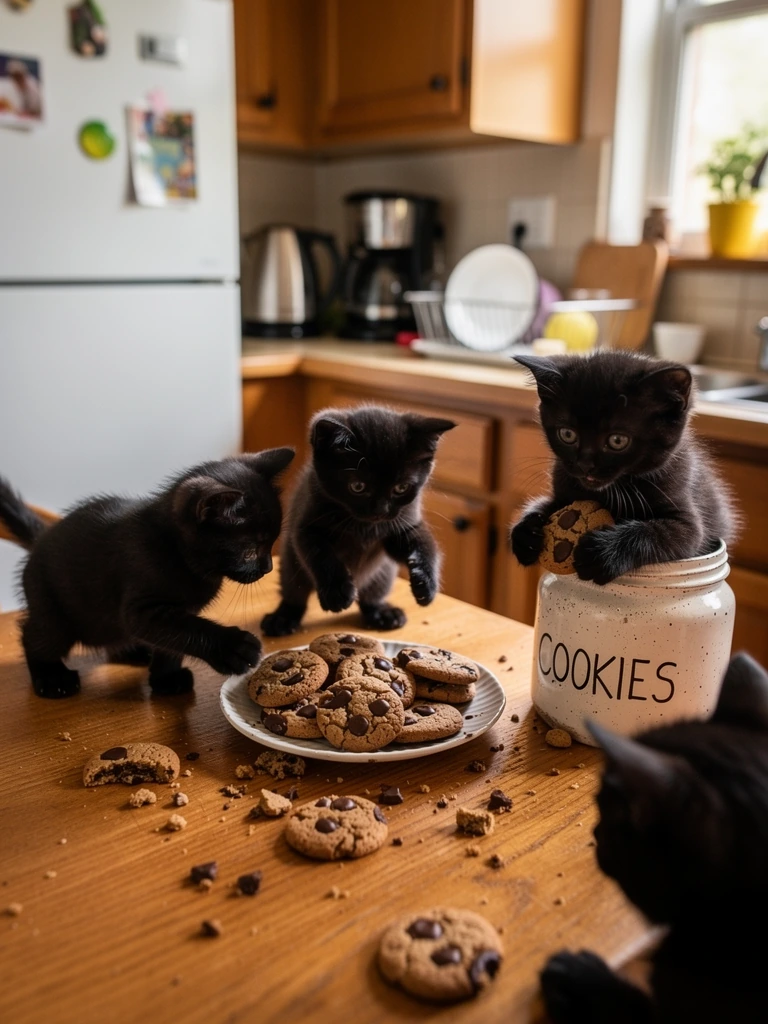 Cute black kittens trying to steal cookies. Amateur photograph normal kitchen.