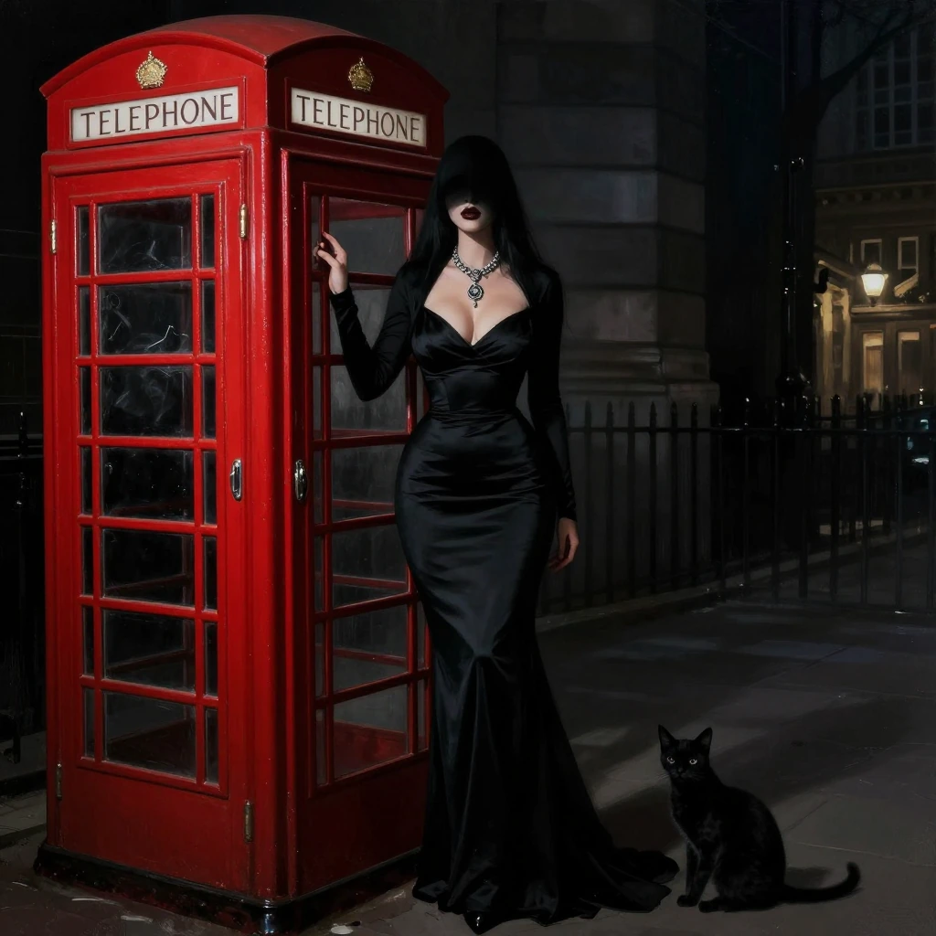 The Ghost of Shadows, Supercar, high fashion dress, plunging neckline, ultra-curvy, jewelry, lipstick, London, Red Phone Box, with a cat