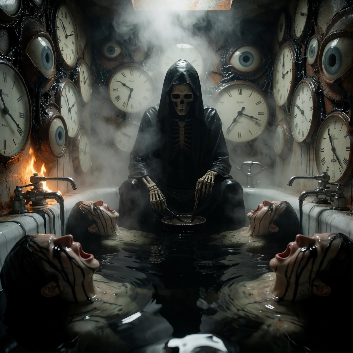 The final bathhouse at the end of all things, a surreal nightmare where the walls are made of melting clock faces and burning human eyes. Inside a ste
