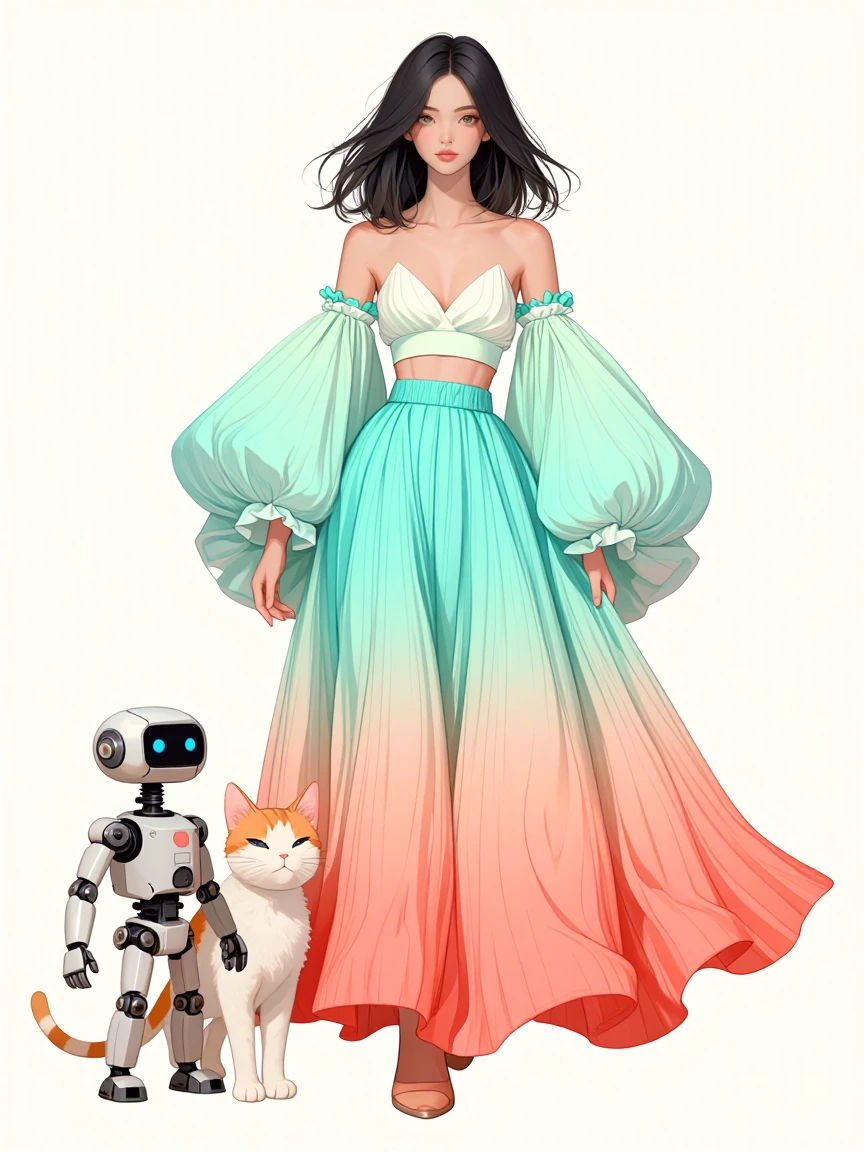 Fashion illustration woman bright melon ombre fractal fashion, with her cat and her robot