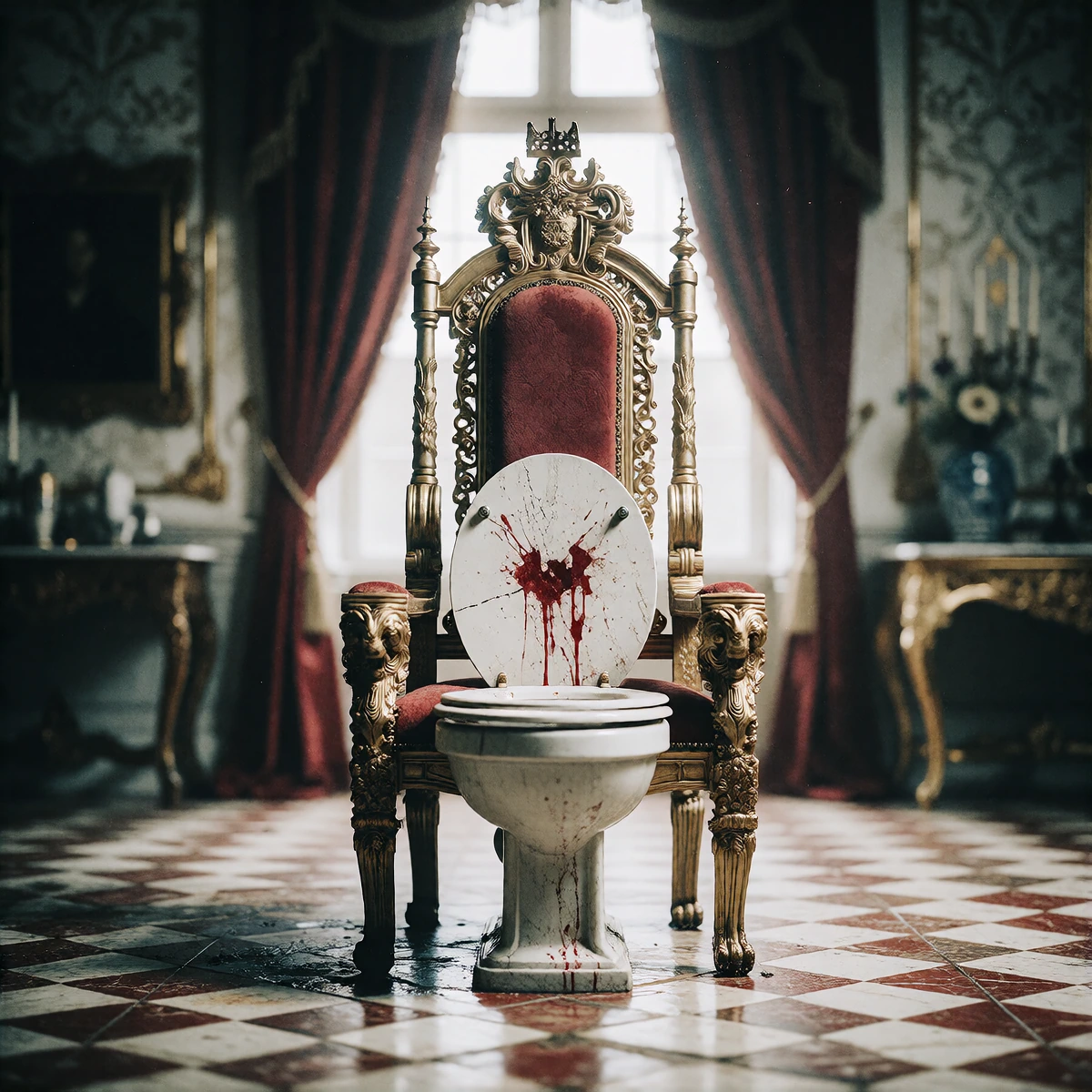 A toilet standing in the middle of a royal room, the toilet looks like a throne, threatening