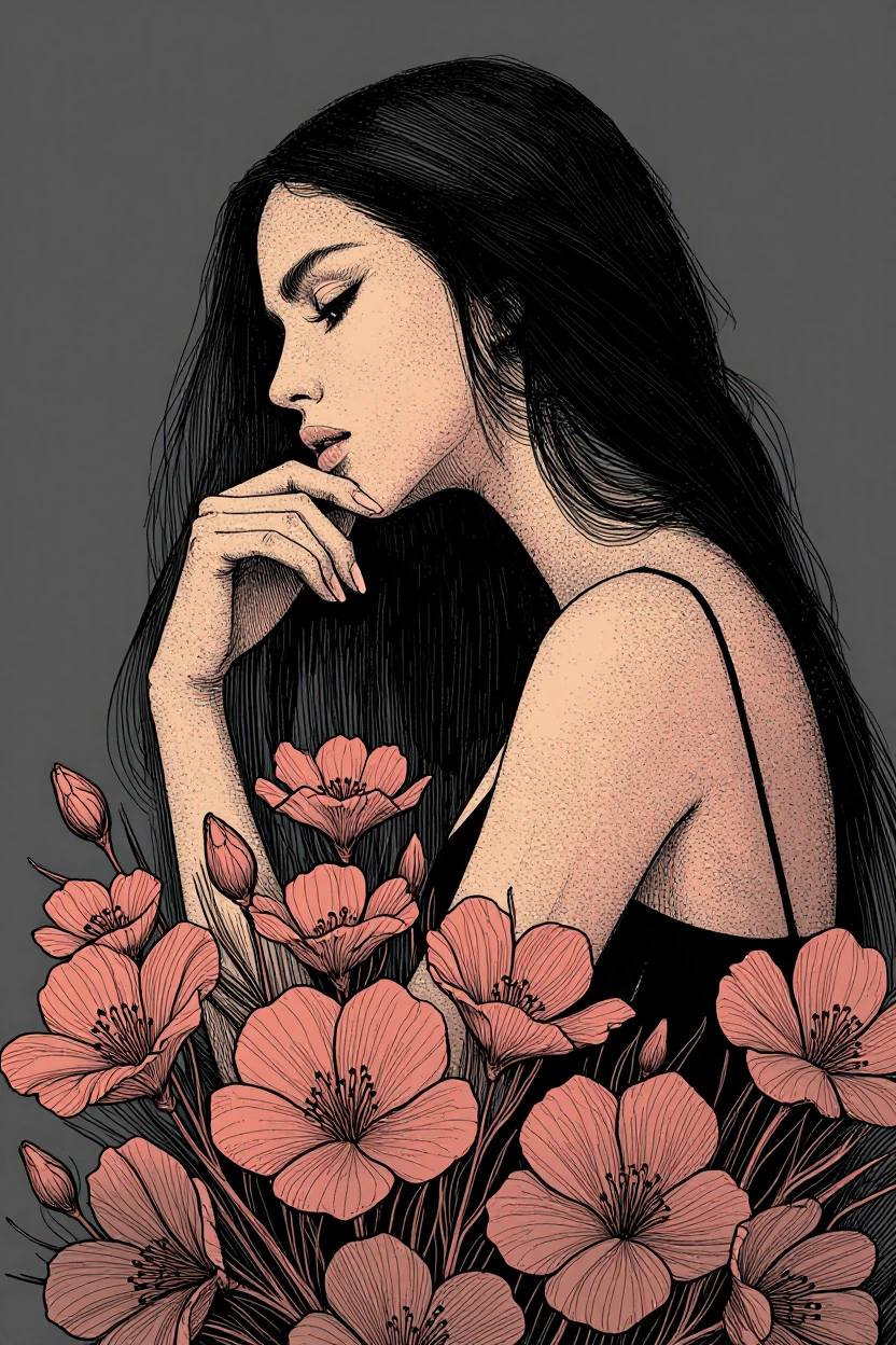 The image is a digitally a pen and ink drawing of a woman shown in profile, facing left. Textured hatching and stippling is visible. She has long, dar