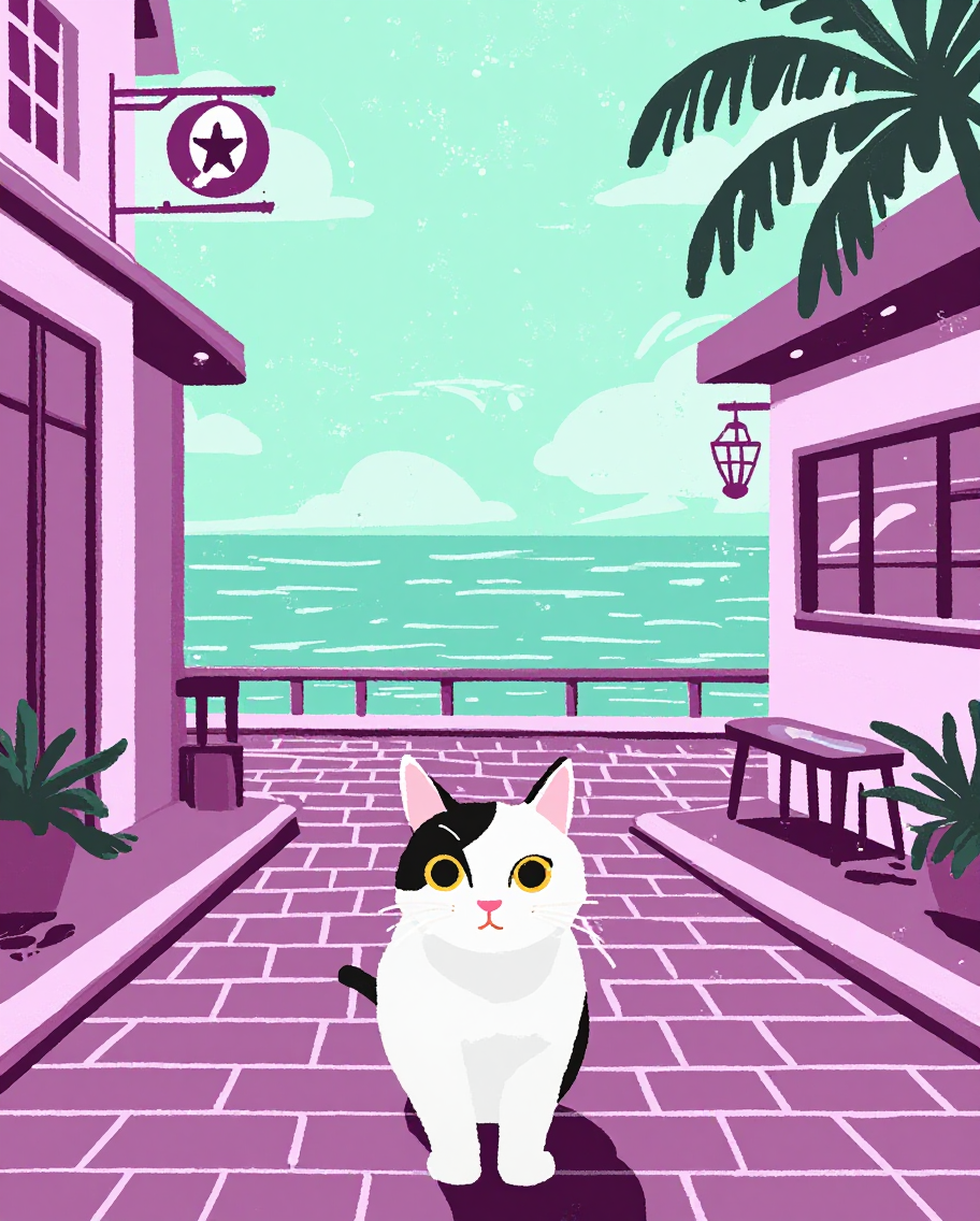 enhanced and exaggerated colors, cat in front of a cafe brick street, romantic seascape background, folk art , mauve and seafoam green