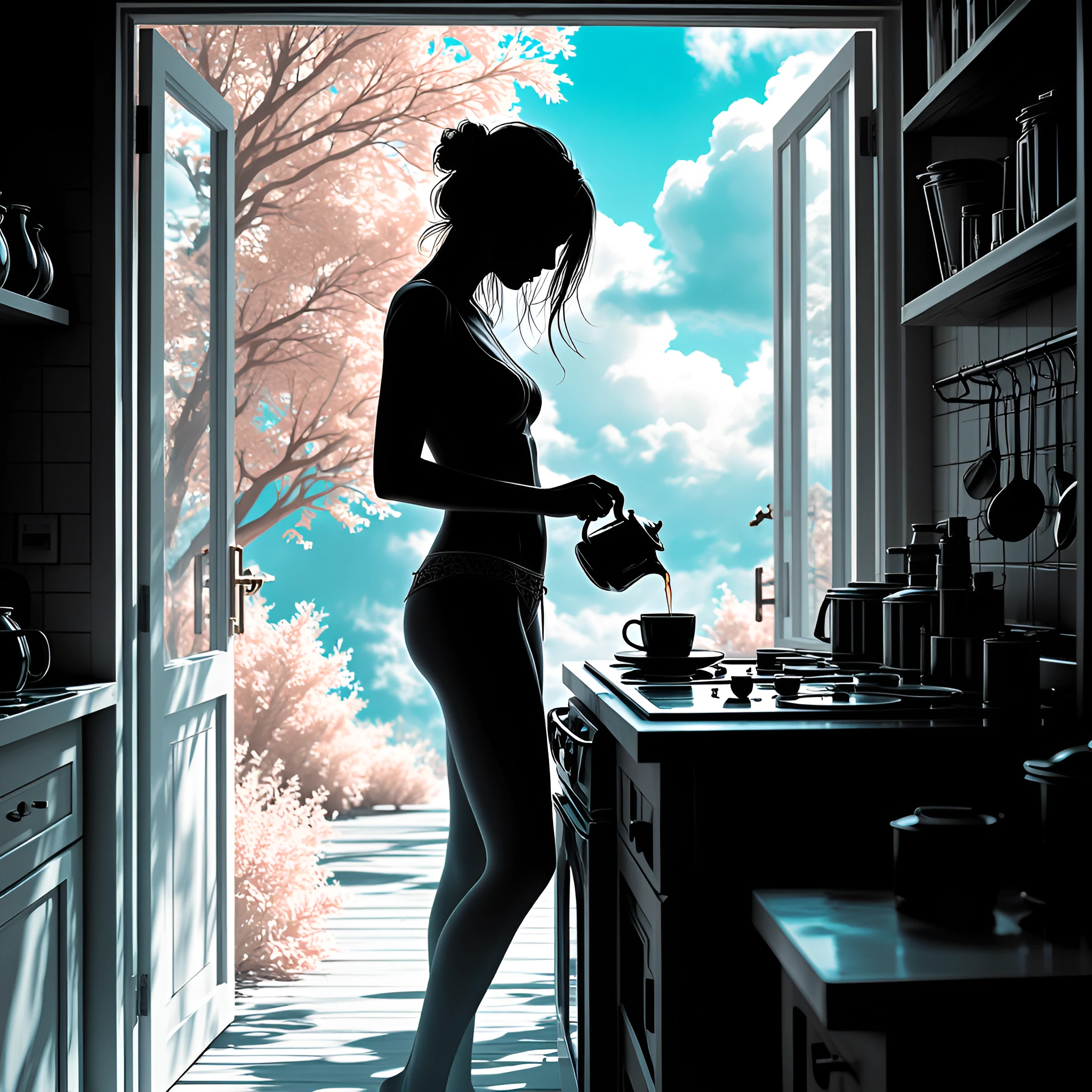 goth chick black t shirt black underwear making coffee in a farmhouse kitchen sunshine through window bright morning, the woman has black hair black fingernails and is barefoot