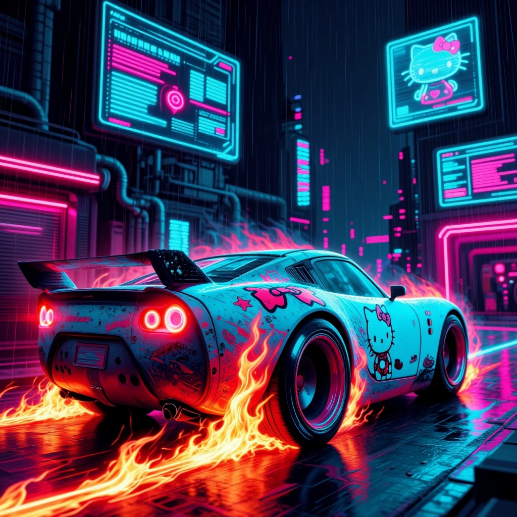 Disney style hello kitty stained race car with fire streaming over the whole image, focus on the large rear wheel side profile shot