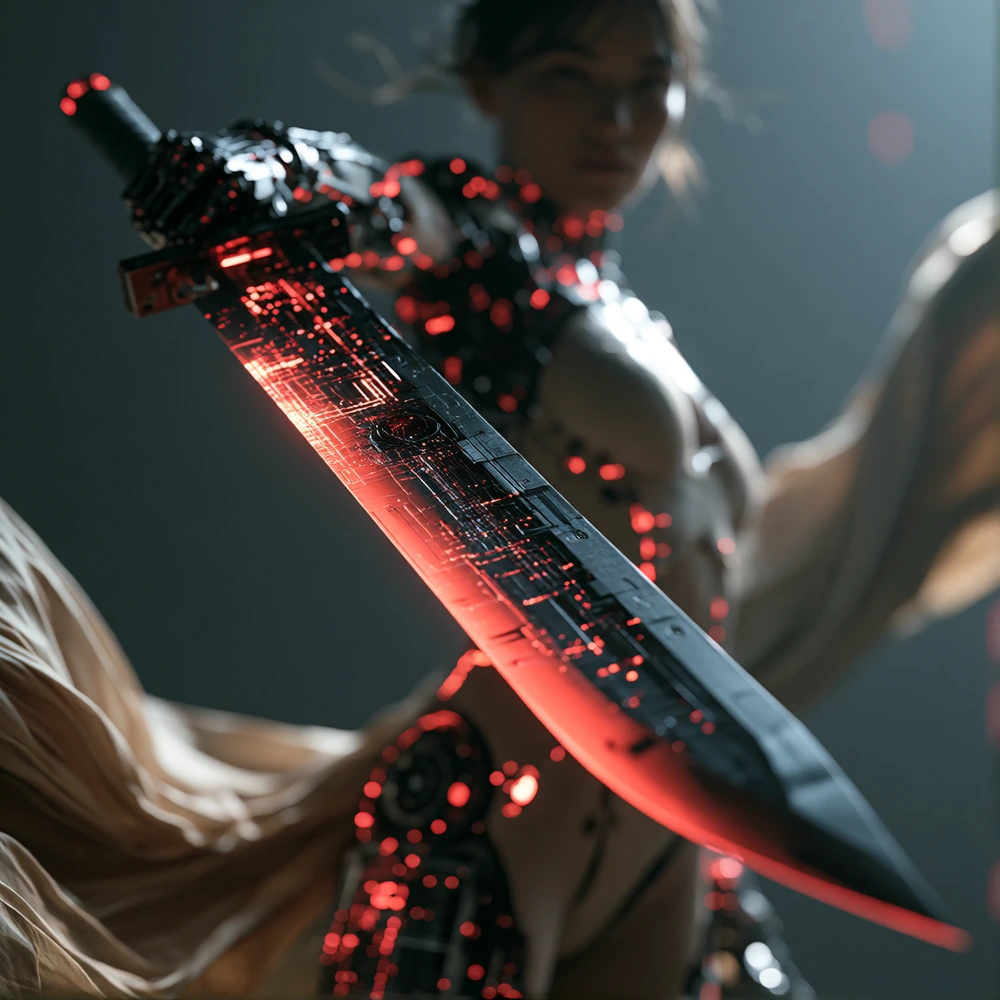 Dark cyberpunk aesthetic, digital painting. A futuristic sword dominates the composition with the blade extending into the foreground, a extremely wid